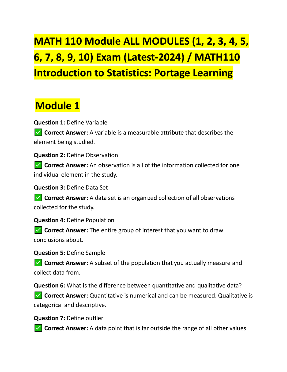 Recommended document preview for MATH 110 Module ALL MODULES (1, 2, 3, 4, 5,  6, 7, 8, 9, 10) Exam (Latest-2024) / MATH110  Introduction to Statistics: Portage Learning