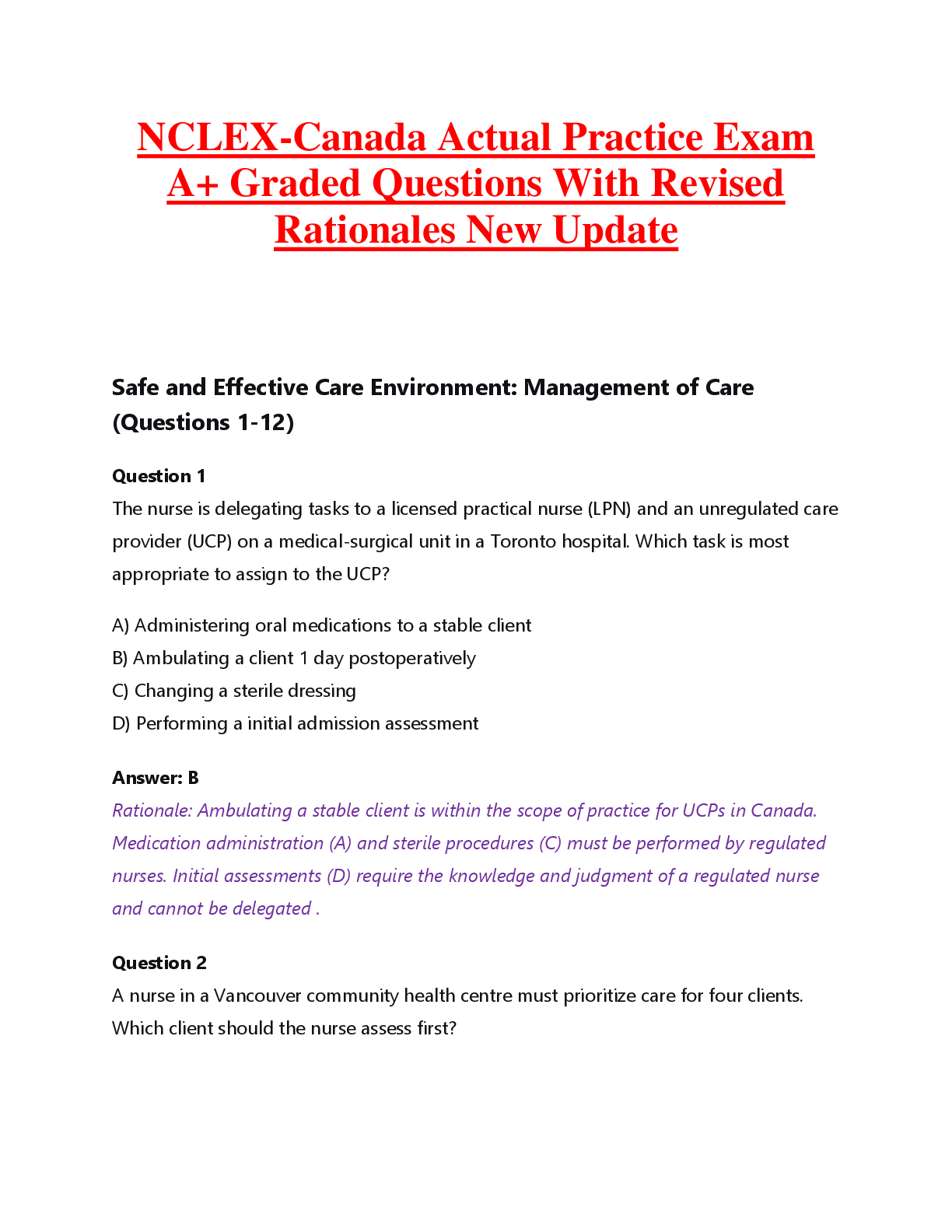 Preview of NCLEX-Canada Actual Practice Exam  A+ Graded Questions With Revised  Rationales New Update