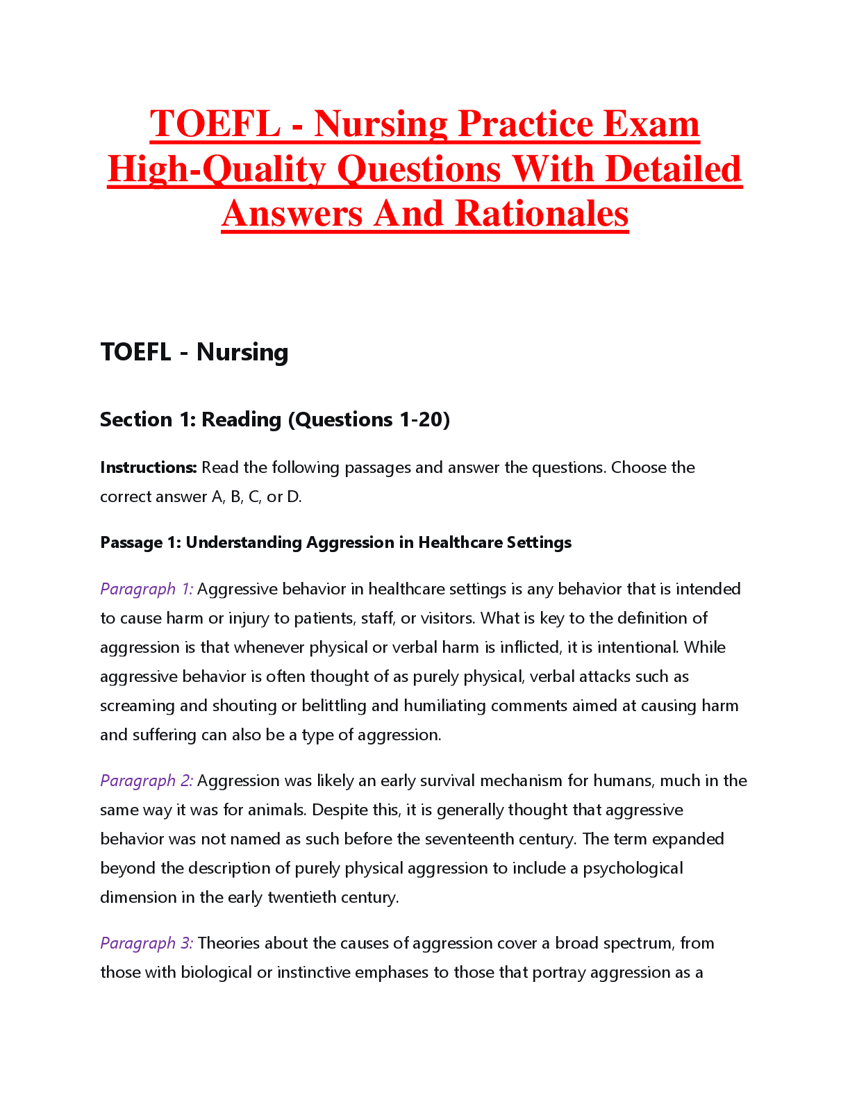 Preview image for TOEFL - Nursing Practice Exam  High-Quality Questions With Detailed  Answers And Rationale
