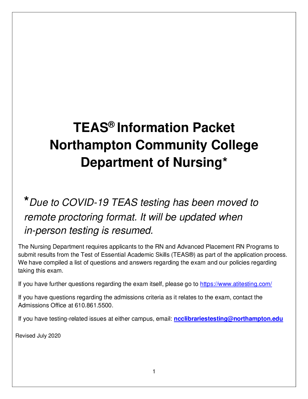 Preview image for TEAS® Information Packet  Northampton Community College  Department of Nursing*