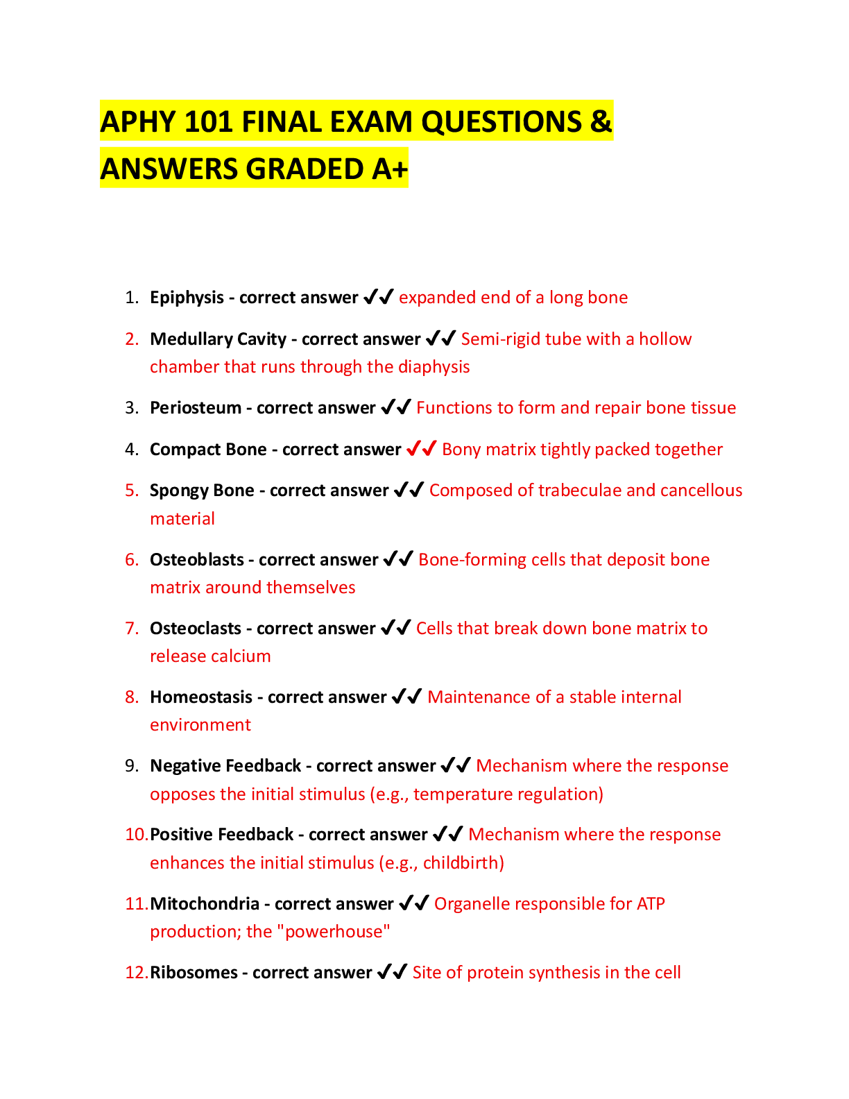 APHY 101 FINAL EXAM QUESTIONS &  ANSWERS GRADED A+