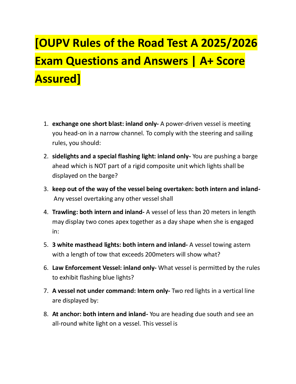 Recommended document preview for [OUPV Rules of the Road Test A 2025/2026  Exam Questions and Answers | A+ Score  Assured]
