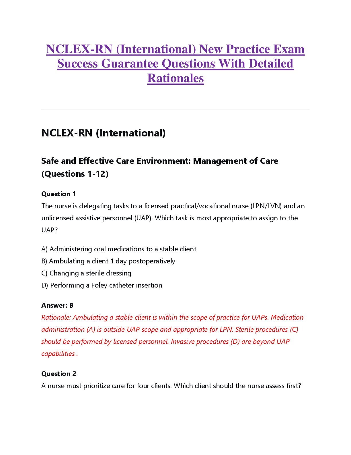 Preview image for NCLEX-RN (International) New Practice Exam  Success Guarantee Questions With Detailed  Rationales