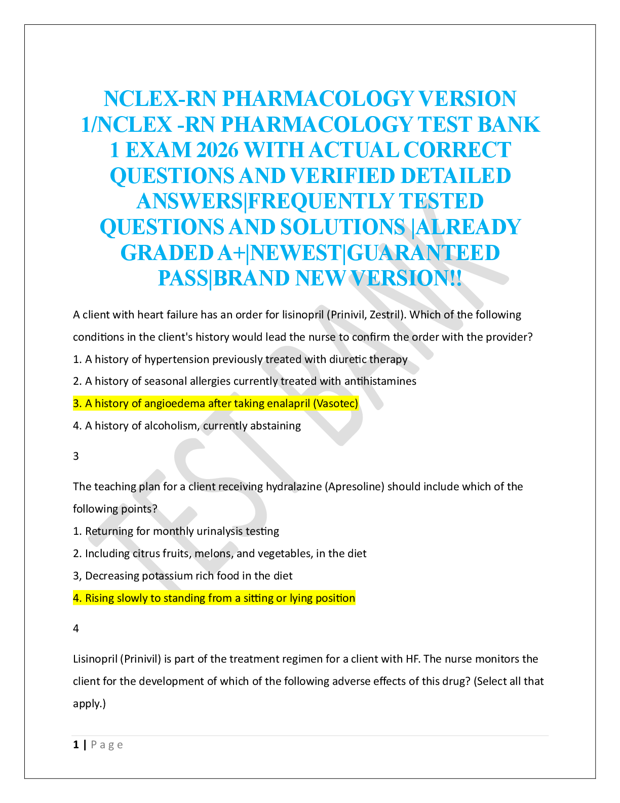 NCLEX-RN PHARMACOLOGY VERSION  1/NCLEX -RN PHARMACOLOGY TEST BANK  1 EXAM 2026
