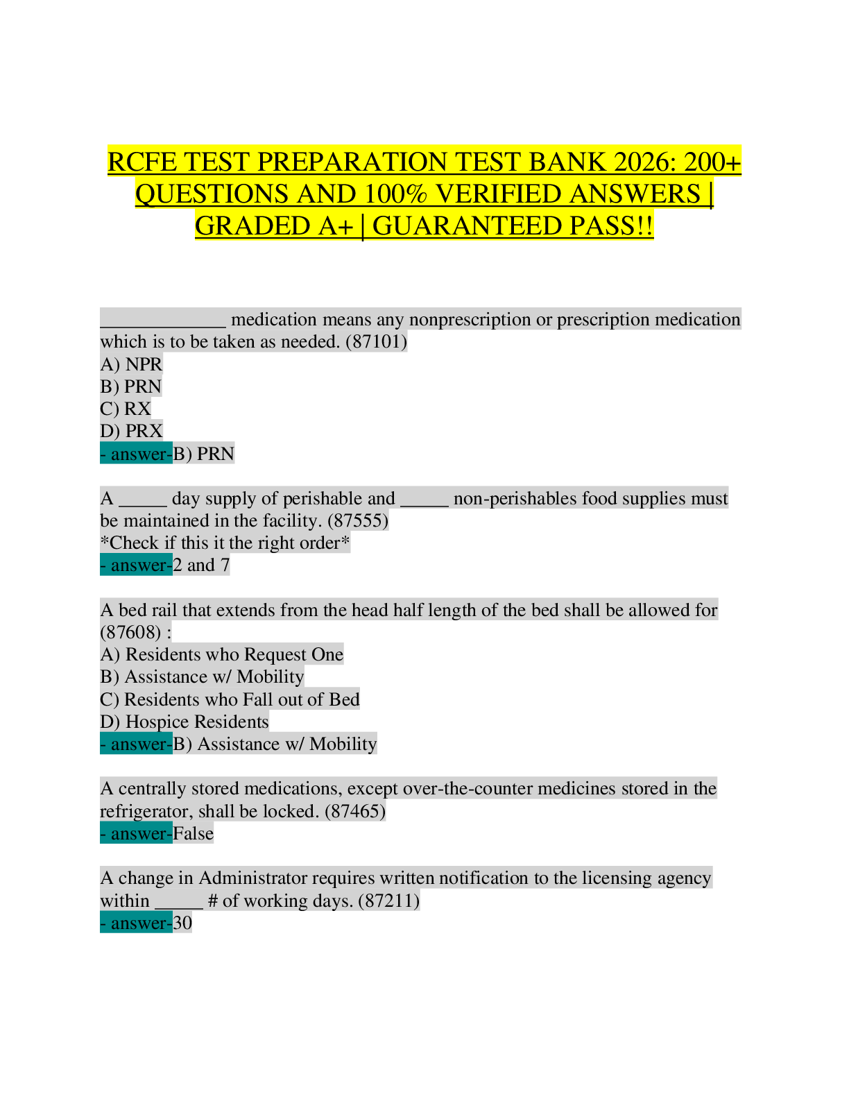 Recommended document preview for RCFE TEST PREPARATION TEST BANK 2026: 200+ Questions & 100% Verified Answers (Graded A+) | Ultimate RCFE Administrator Exam Prep & Study Guide