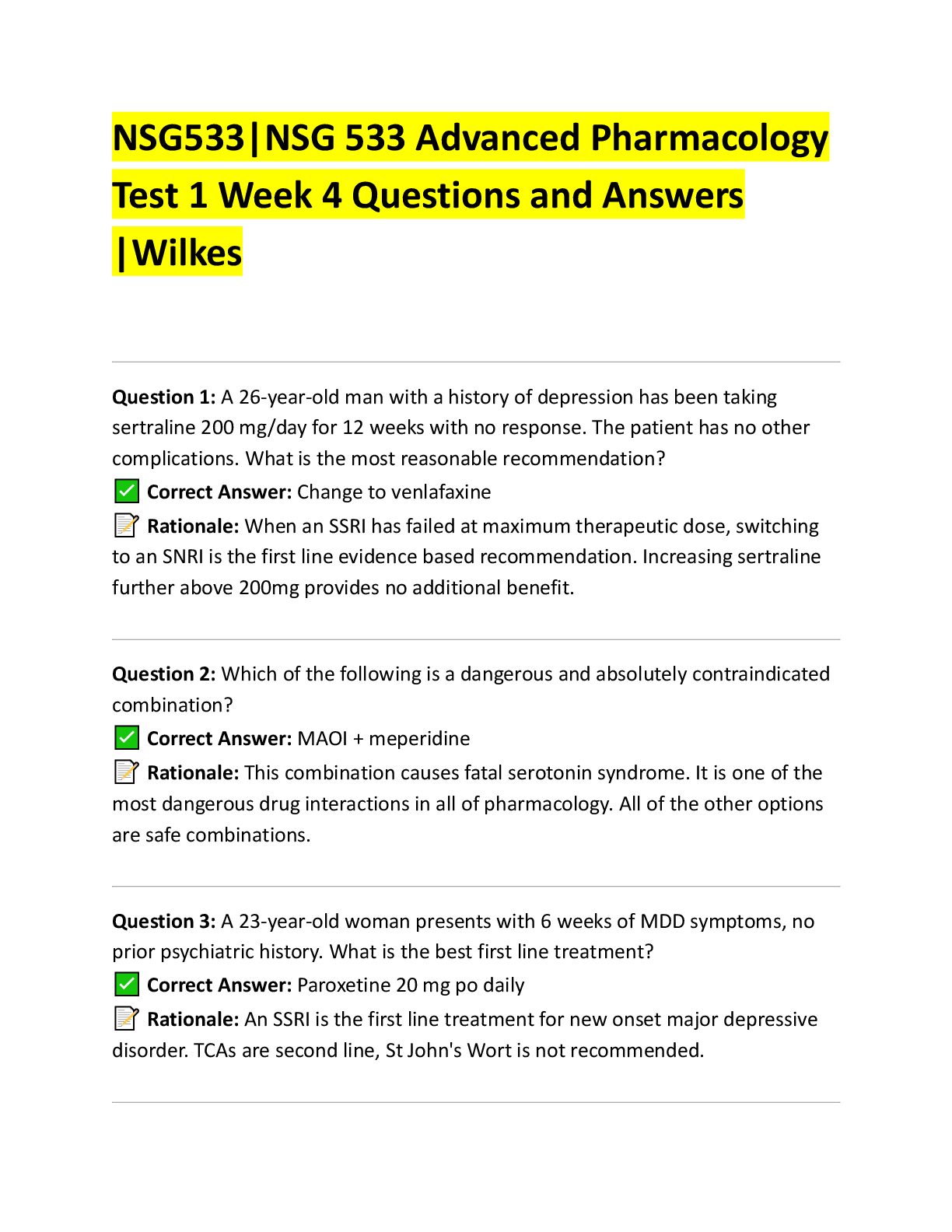 Preview of NSG533|NSG 533 Advanced Pharmacology  Test 1 Week 4 Questions and Answers  |Wilkes