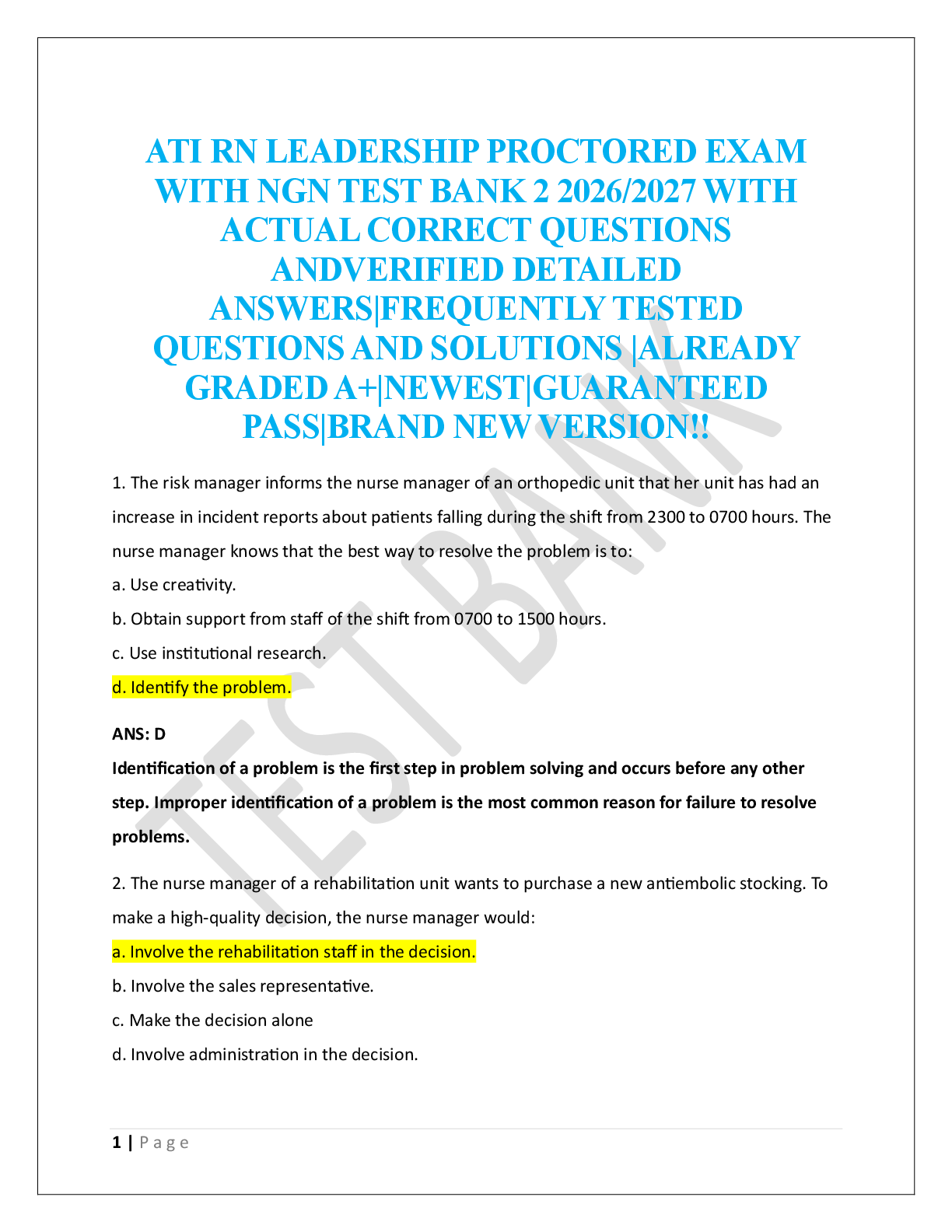 ATI RN LEADERSHIP PROCTORED EXAM  WITH NGN TEST BANK 2 2026/2027