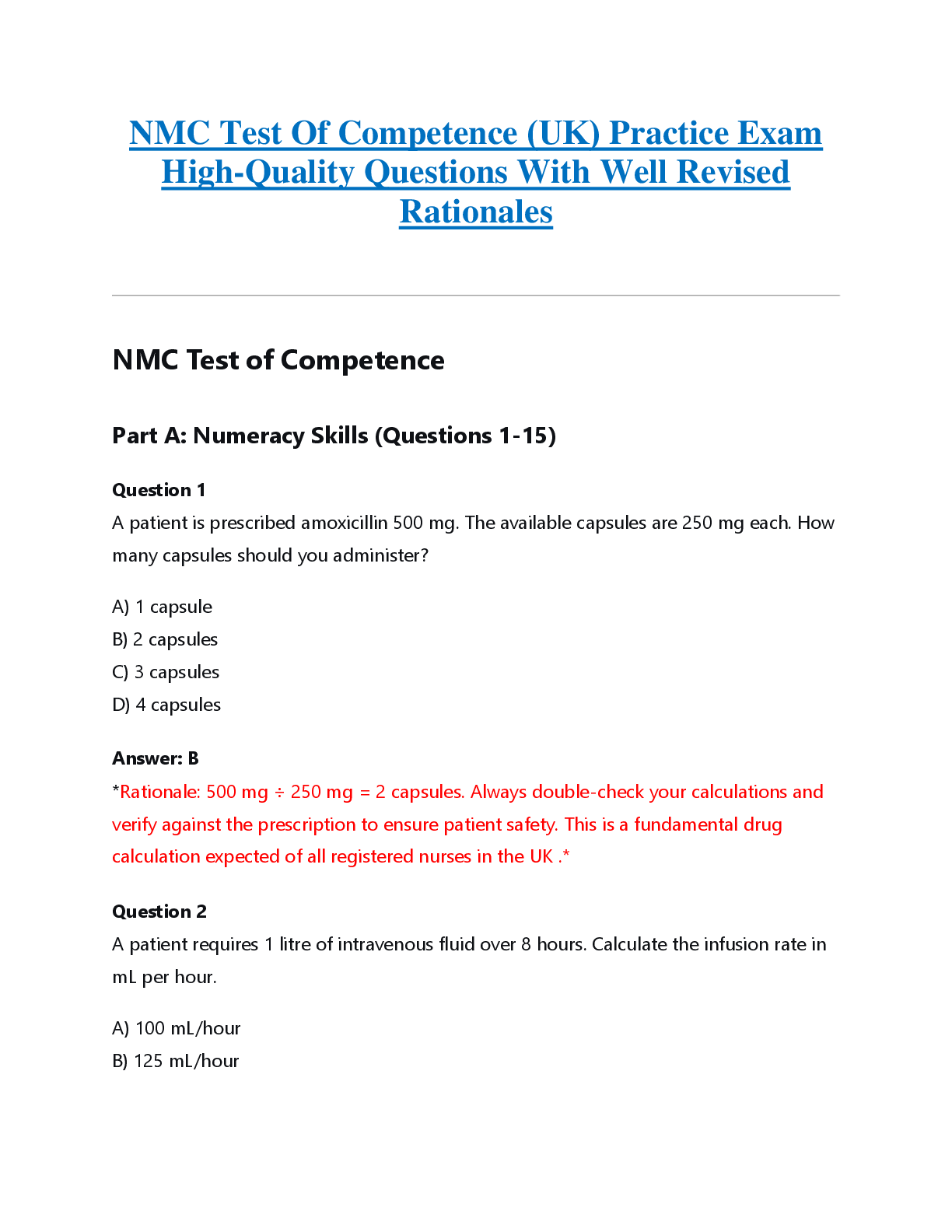 Preview image for NMC Test Of Competence (UK) Practice Exam  High-Quality Questions With Well Revised  Rationales
