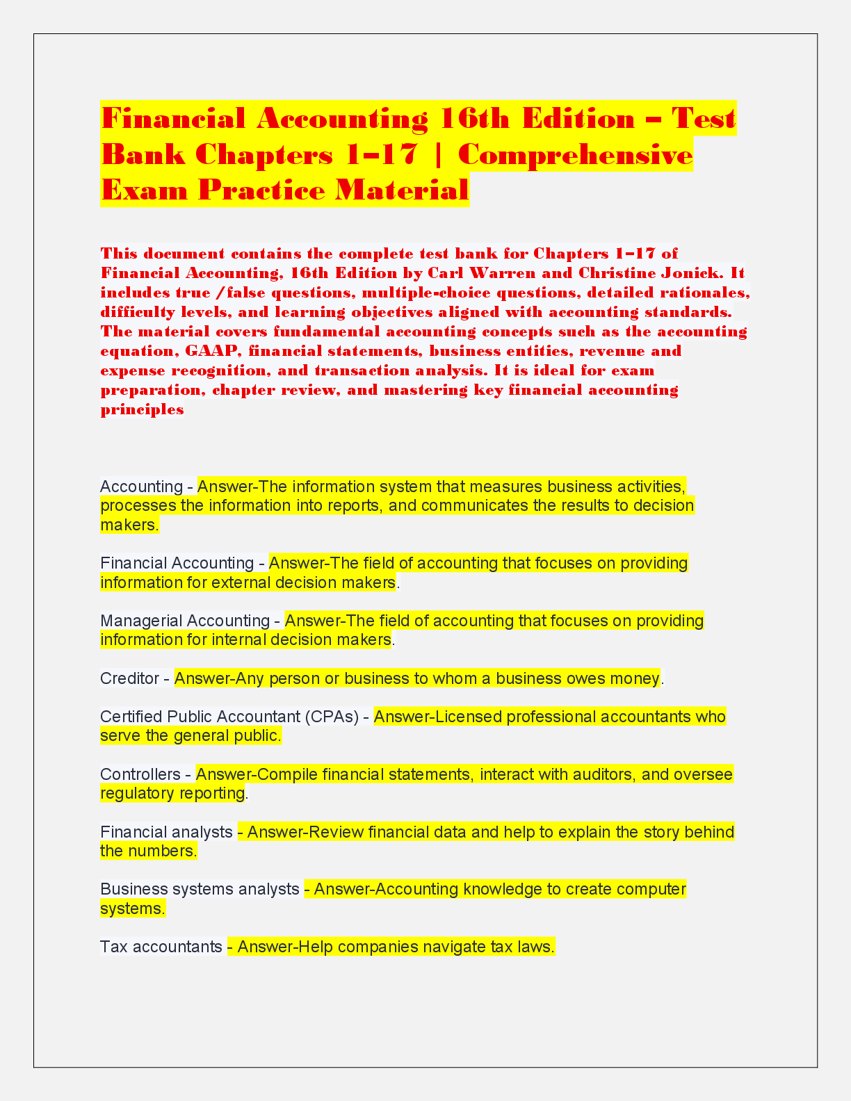 Financial Accounting 16th Edition – Test  Bank Chapters 1–17 | Comprehensive  Exam Practice Material