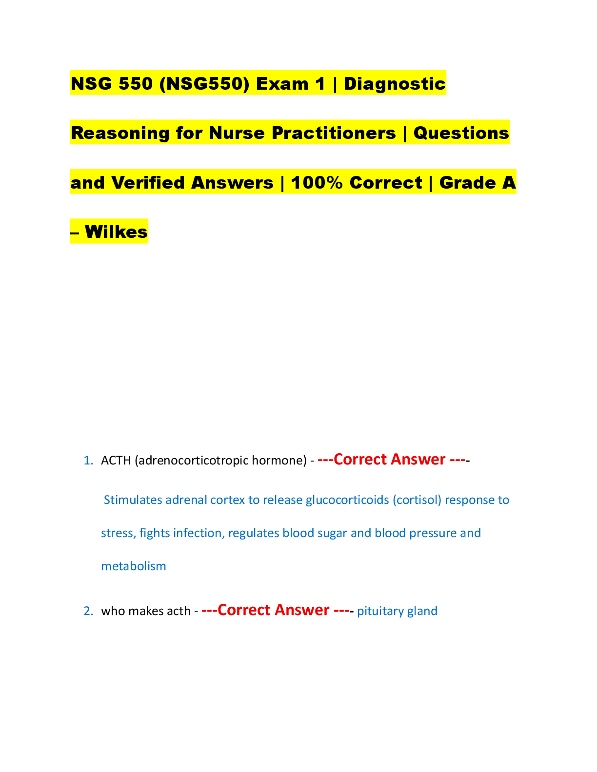 Preview of NSG 550 (NSG550) Exam 1 | Diagnostic  Reasoning for Nurse Practitioners | Questions  and V