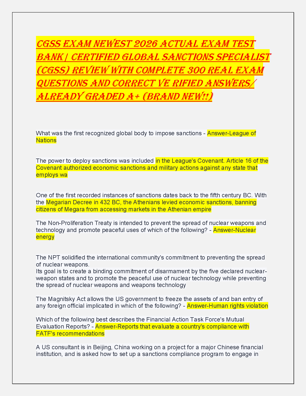 Preview of CGSS EXAM NEWEST 2026 ACTUAL EXAM TEST  BANK| CERTIFIED GLOBAL SANCTIONS SPECIALIST  (CGSS