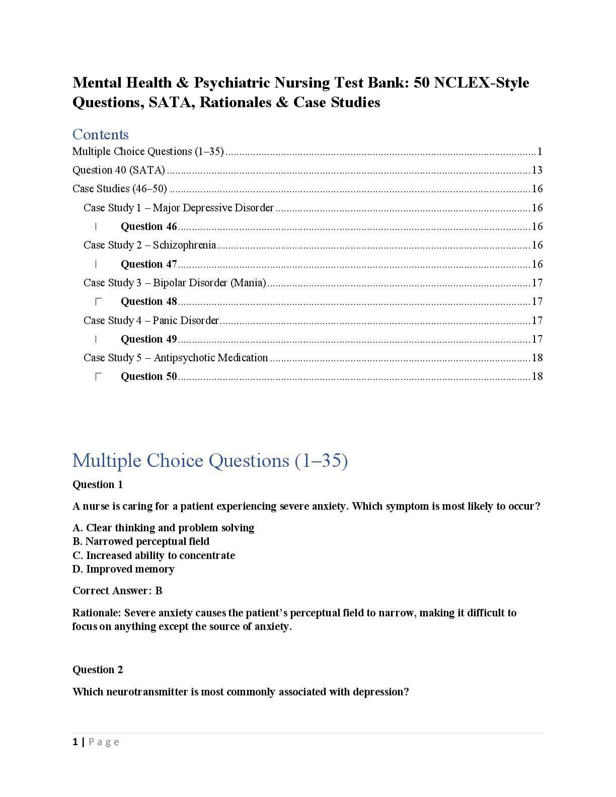 Recommended document preview for Mental Health & Psychiatric Nursing Test Bank: 50 NCLEX-Style Questions, SATA, Rationales & Case Studies