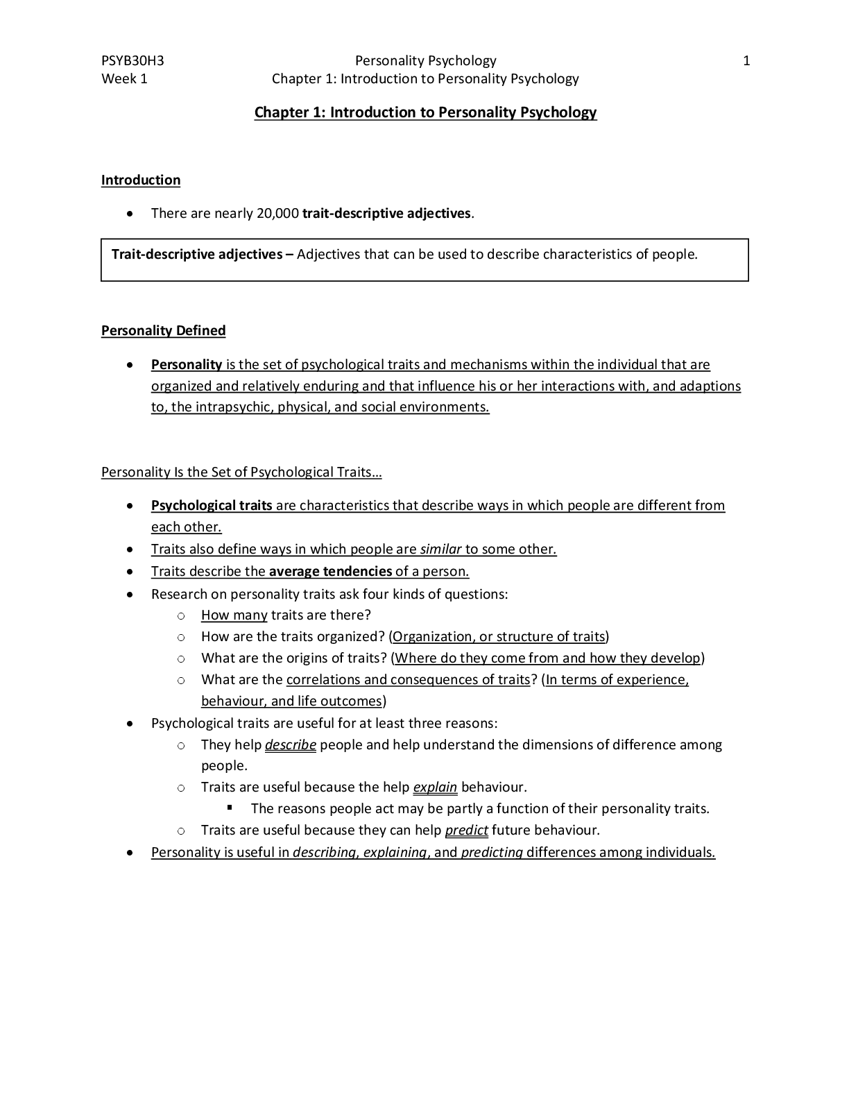 Recommended document preview for PSYB30H3 Personality Psychology Combined Textbook notes | Complete Chapter 1-19
