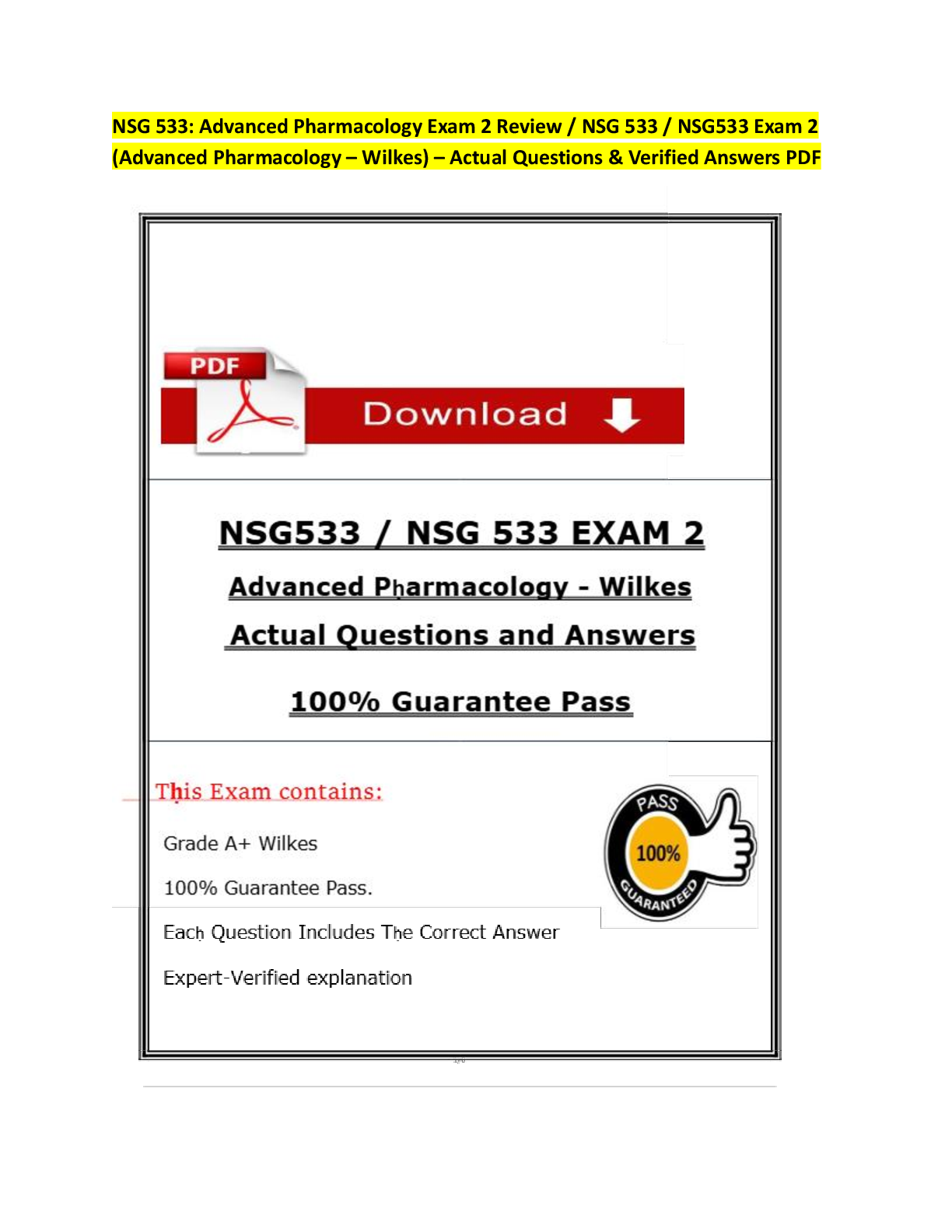 NSG 533: Advanced Pharmacology Exam 2 Review / NSG 533 / NSG533 Exam 2  (Advanced Pharmacology – Wilkes) – Actual Questions & Verified Answers PDF