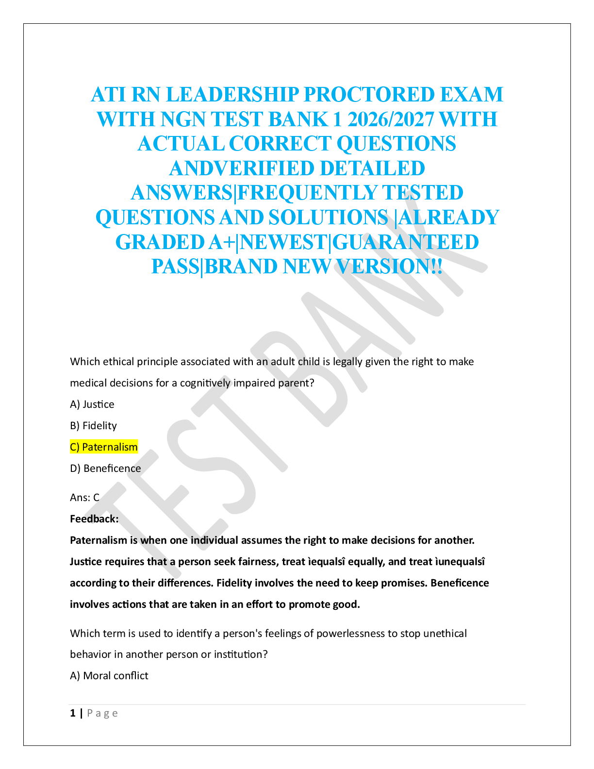 ATI RN LEADERSHIP PROCTORED EXAM  WITH NGN TEST BANK 1 2026/2027
