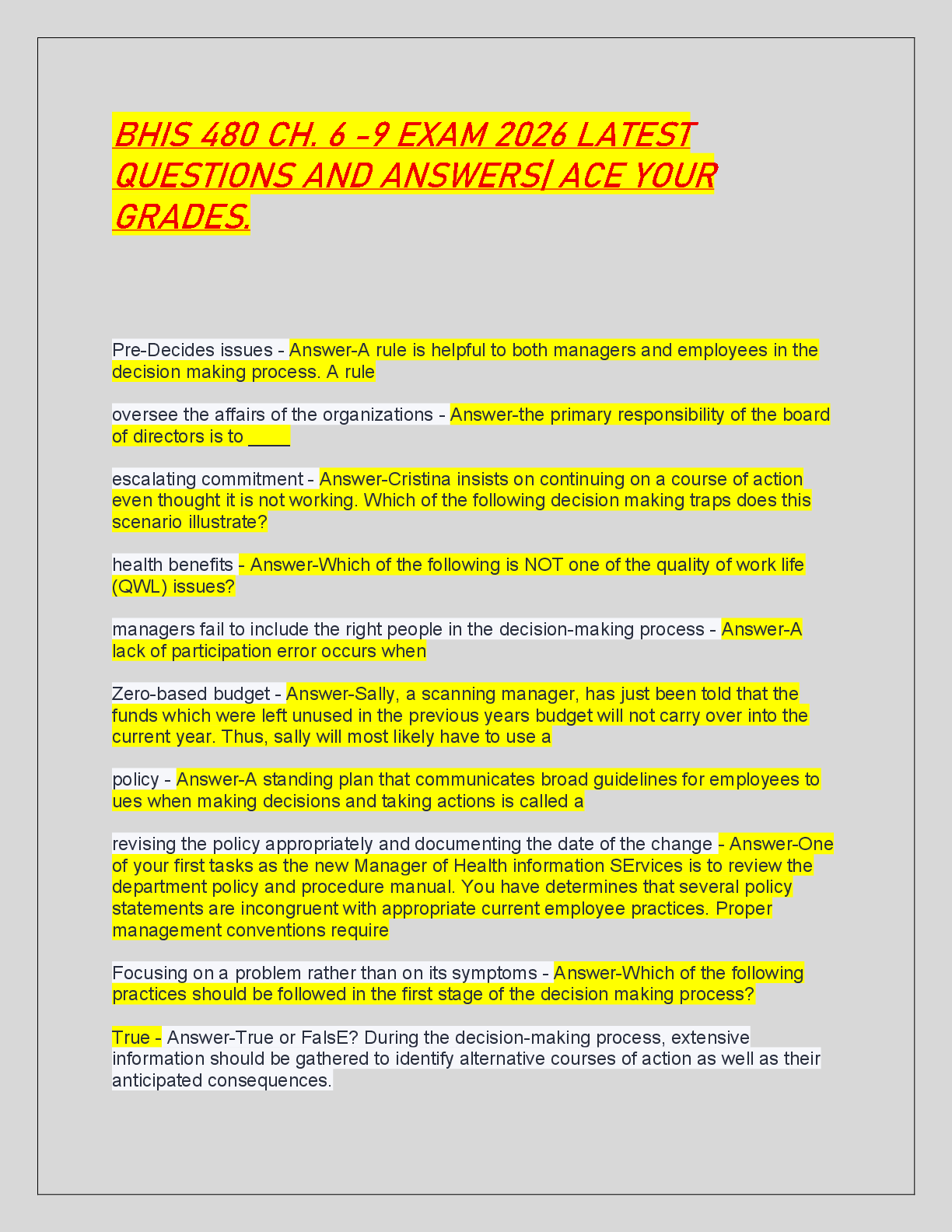 Preview of BHIS 480 CH. 6 -9 EXAM 2026 LATEST  QUESTIONS AND ANSWERS| ACE YOUR  GRADES .