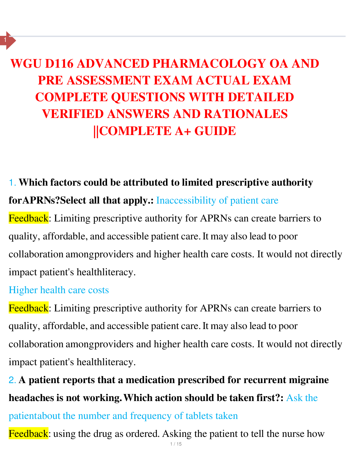 Preview of WGU D116 ADVANCED PHARMACOLOGY OA AND  PRE ASSESSMENT EXAM ACTUAL EXAM  COMPLETE QUESTIONS