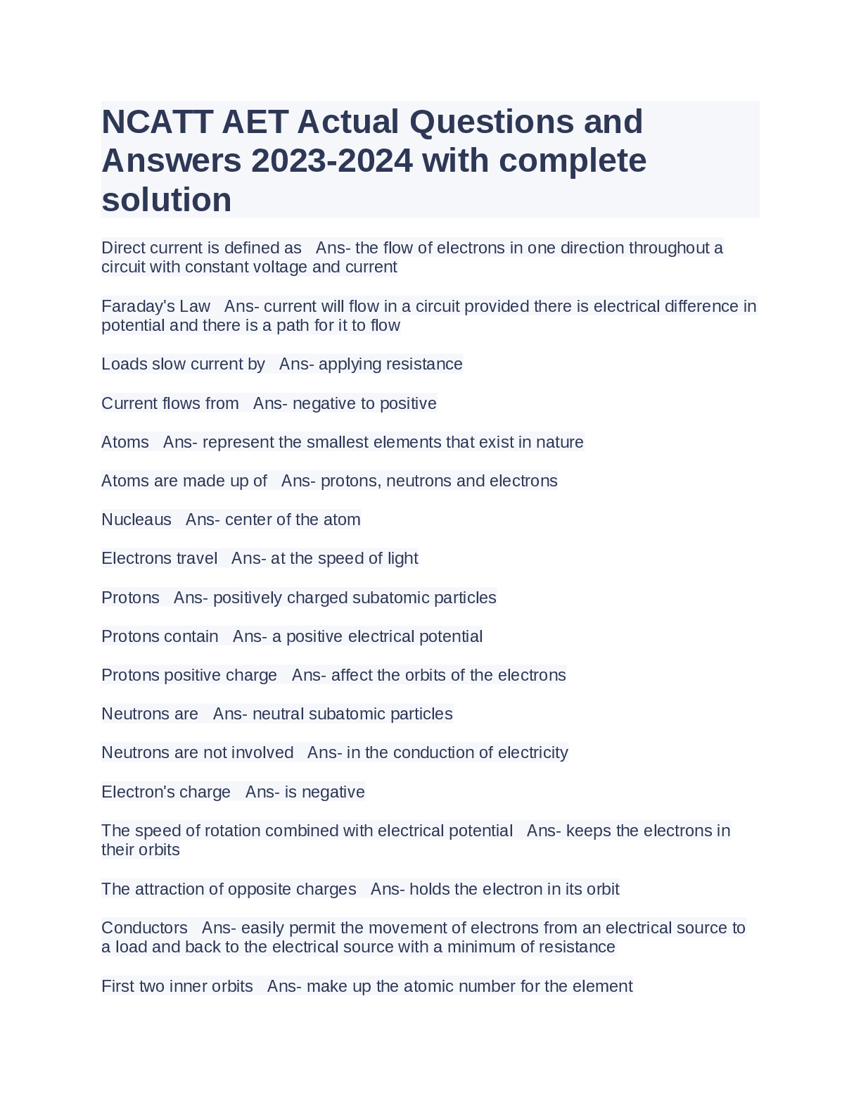 Preview of NCATT AET Actual Questions and  Answers 2023-2024 with complete  solution