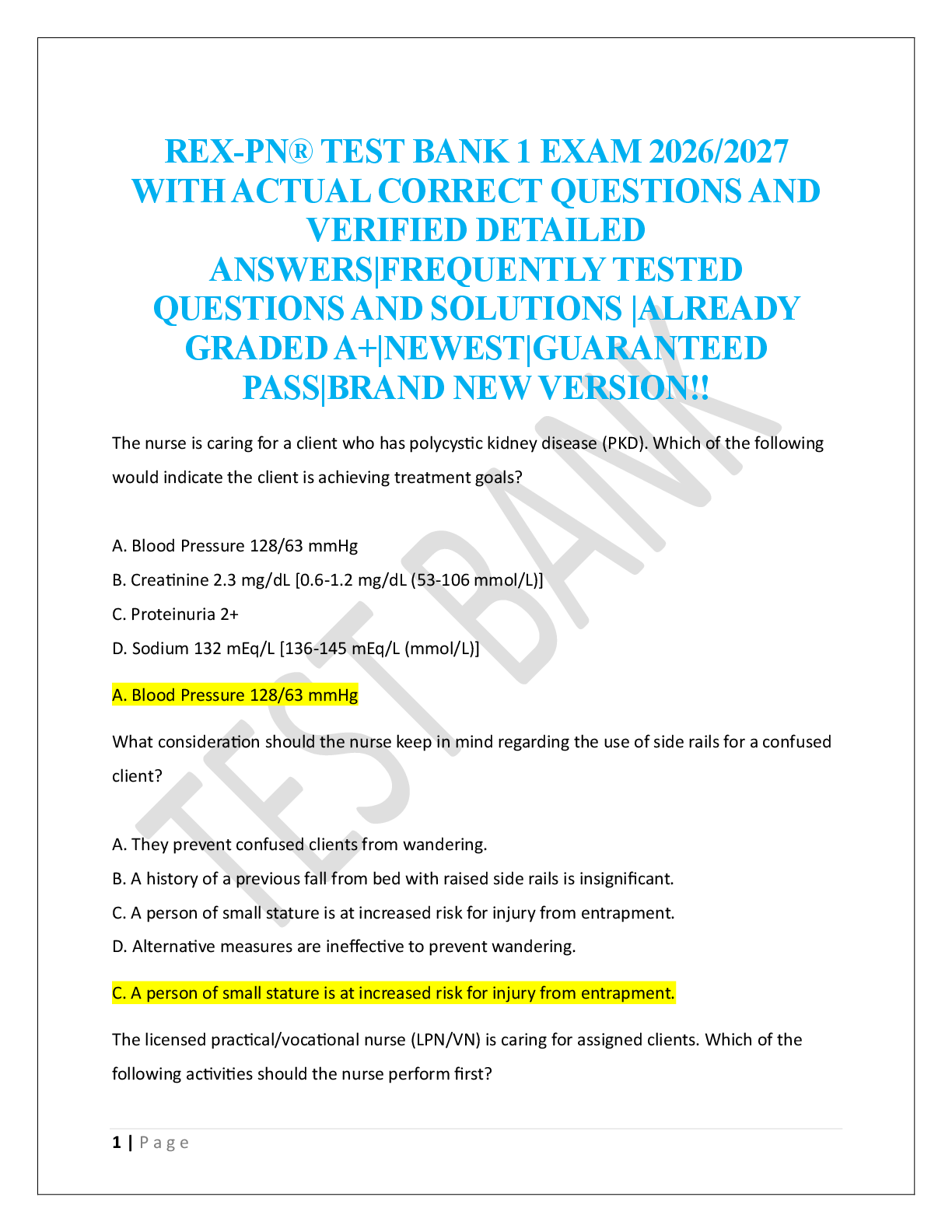 Preview of REX-PN® TEST BANK 1 EXAM 2026/2027