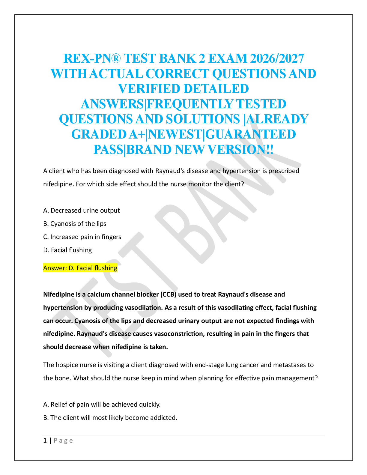 Preview of REX-PN® TEST BANK 2 EXAM 2026/2027