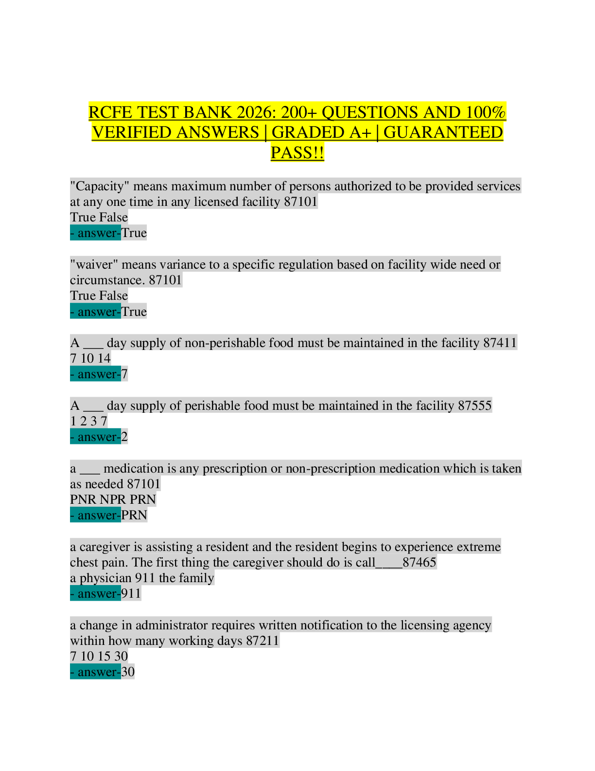 Recommended document preview for RCFE TEST BANK 2026: 250+ Practice Questions & 100% Verified Answers (Graded A+) | Ultimate RCFE Administrator Exam Prep & Study Guide