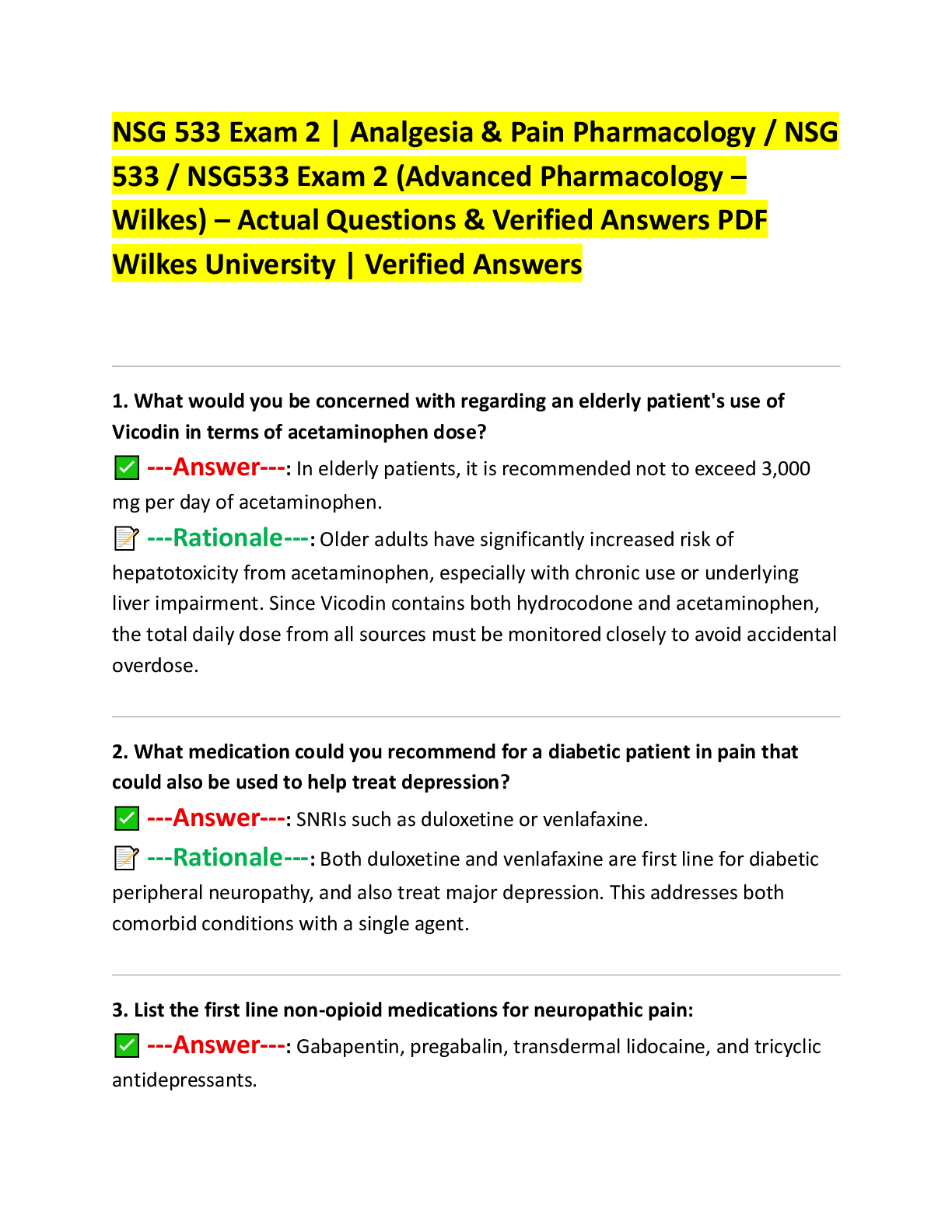 Preview image for NSG 533 Exam 2 | Analgesia & Pain Pharmacology / NSG  533 / NSG533 Exam 2 (Advanced Pharmacology – Wilkes) – Actual Questions & Verified Answers PDF Wilkes University | Verified Answers