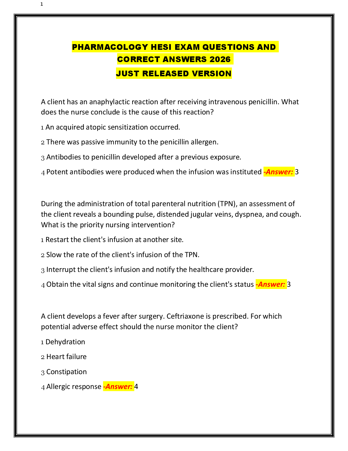 PHARMACOLOGY HESI EXAM QUESTIONS AND  CORRECT ANSWERS 2026   JUST RELEASED VERSION