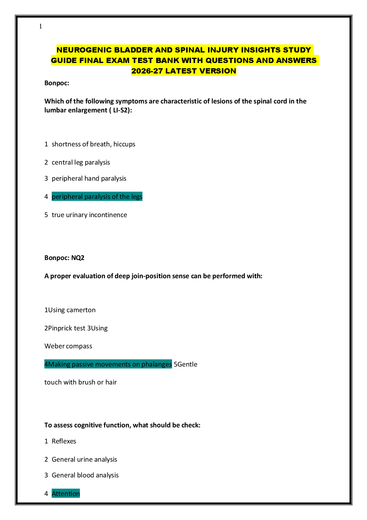 Preview of NEUROGENIC BLADDER AND SPINAL INJURY INSIGHTS STUDY  GUIDE FINAL EXAM TEST BANK WITH QUESTIONS AND ANSWERS  2026-27 LATEST VERSION
