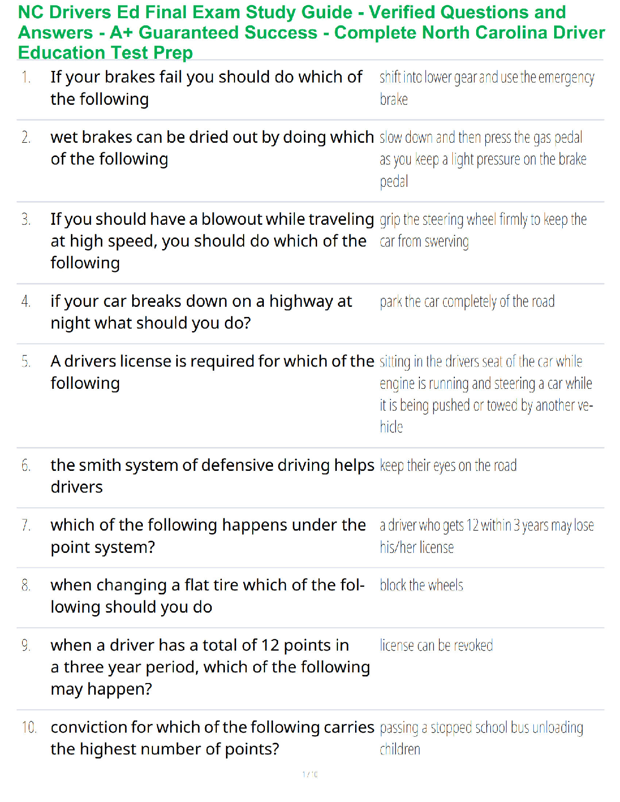 Recommended document preview for NC Drivers Ed Final Exam Study Guide - Verified Questions and Answers - A+ Guaranteed Success - Complete North Carolina Driver Education Test Prep