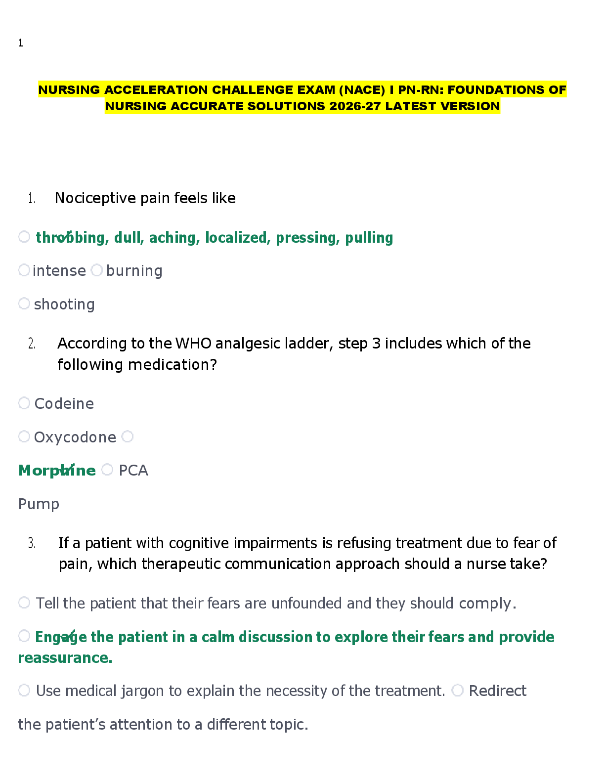 Preview of NURSING ACCELERATION CHALLENGE EXAM (NACE) I PN-RN: FOUNDATIONS OF  NURSING ACCURATE SOLUTIONS 2026-27 LATEST VERSION