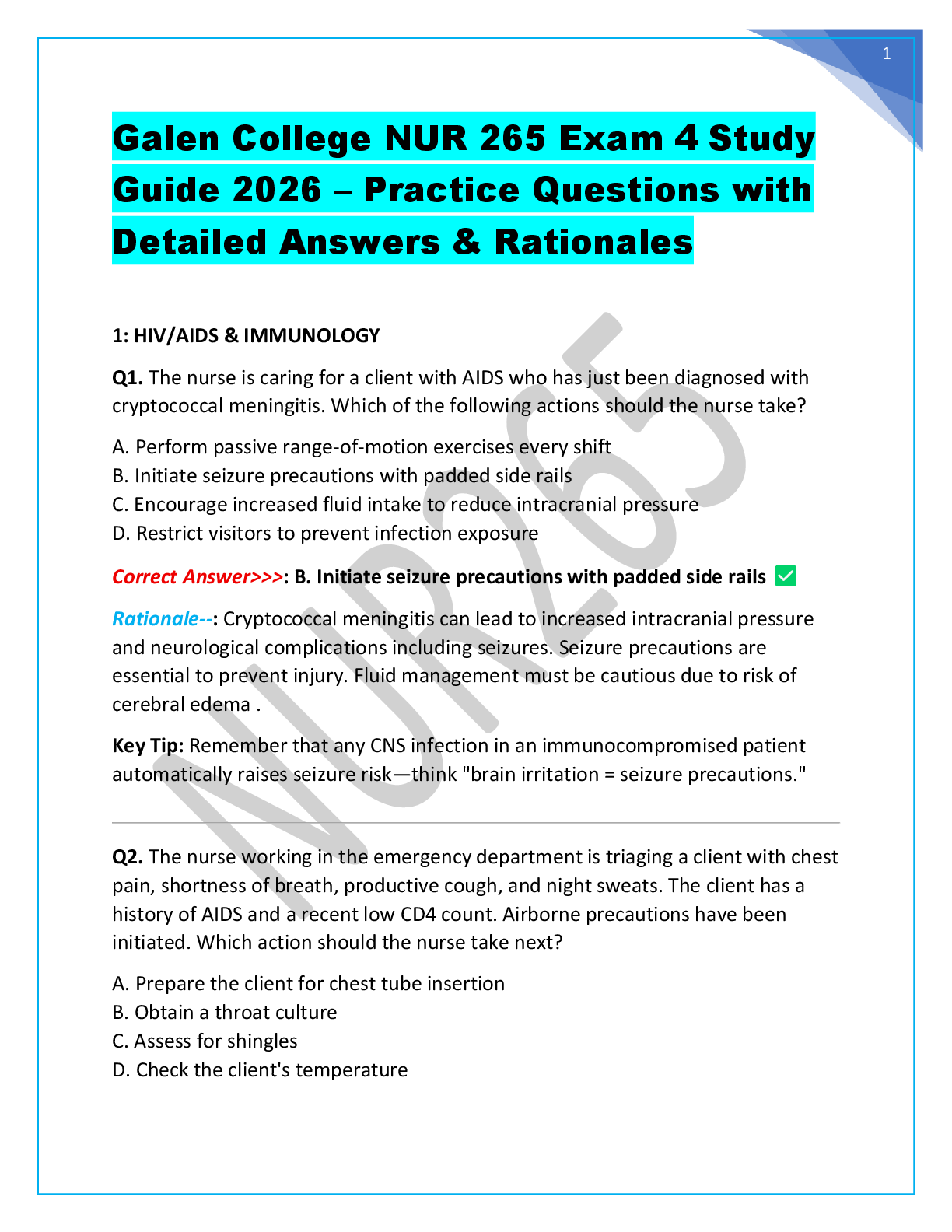 Recommended document preview for Galen College NUR 265 Exam 4 Study Guide 2026 – Practice Questions with Detailed Answers & Rationales
