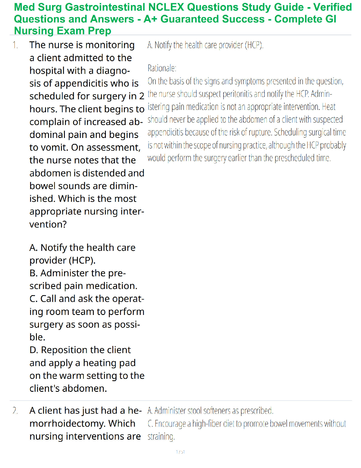 Med Surg Gastrointestinal NCLEX Questions Study Guide - Verified Questions and Answers - A+ Guaranteed Success - Complete GI Nursing Exam Prep