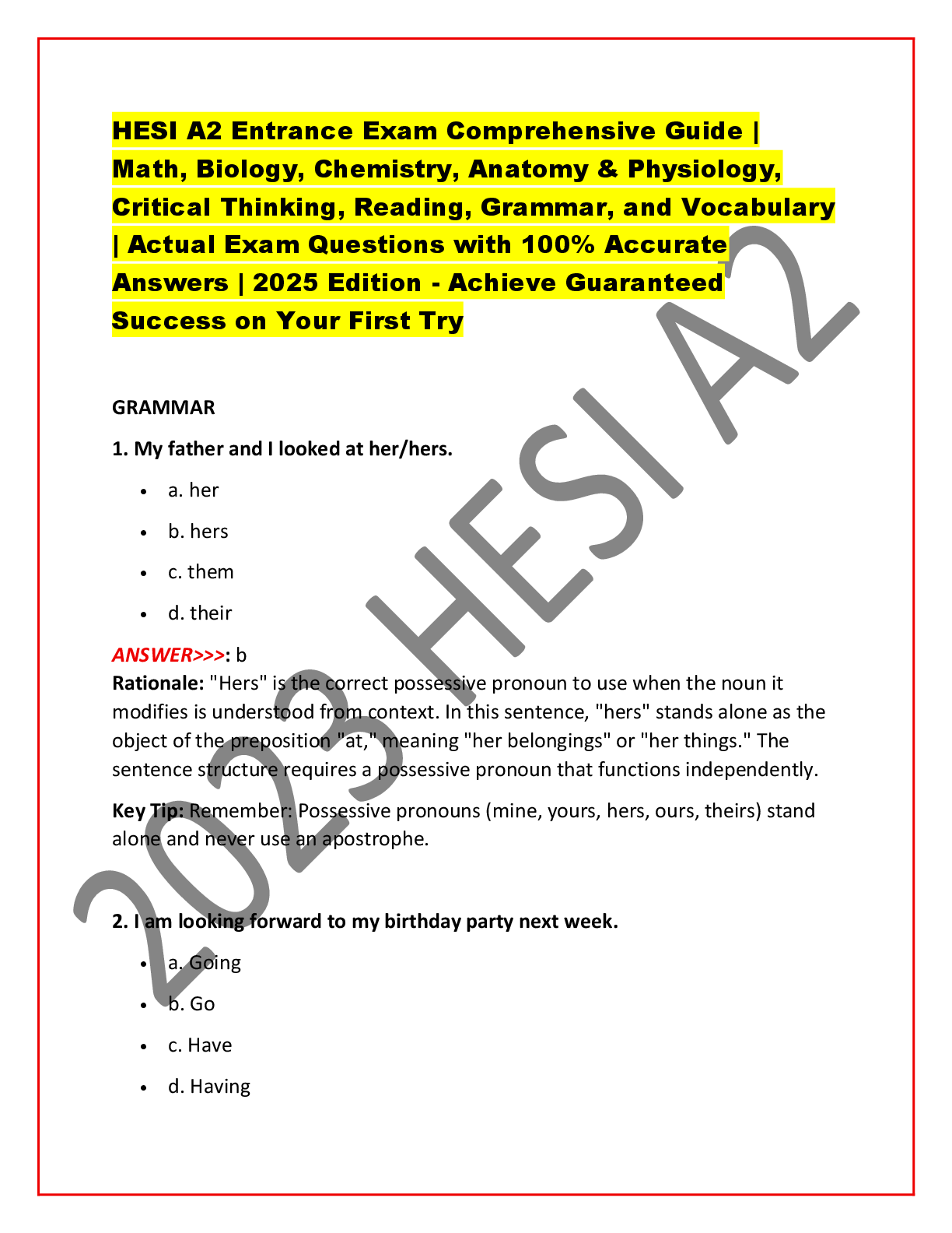 Recommended document preview for HESI A2 Entrance Exam Comprehensive Guide | Math, Biology, Chemistry, Anatomy & Physiology, Critical Thinking, Reading, Grammar, and Vocabulary | Actual Exam Questions with 100% Accurate Answers | 2025 Edition - Achieve Guaranteed Success on Your First Try