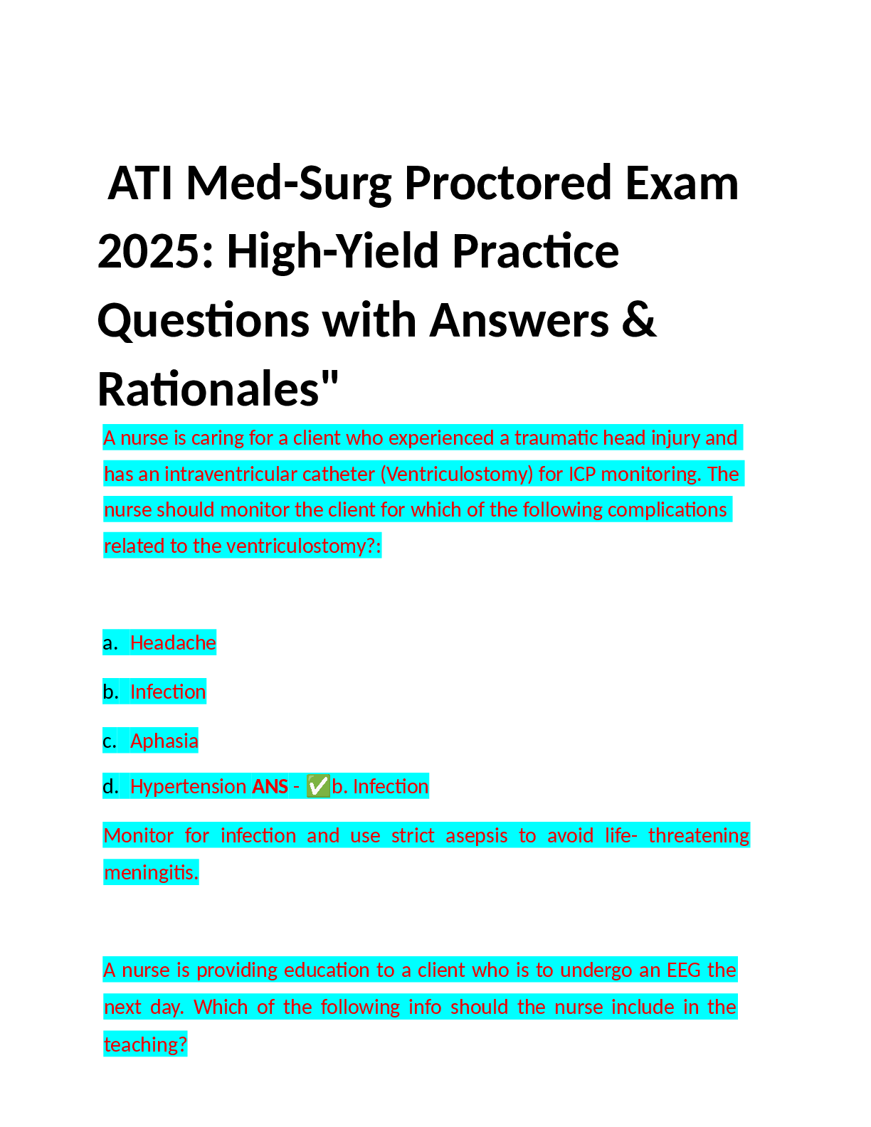 Preview of ATI Med Surg Proctored Exam Practice Questions and Answers  latest Update 2025 .dox .docx