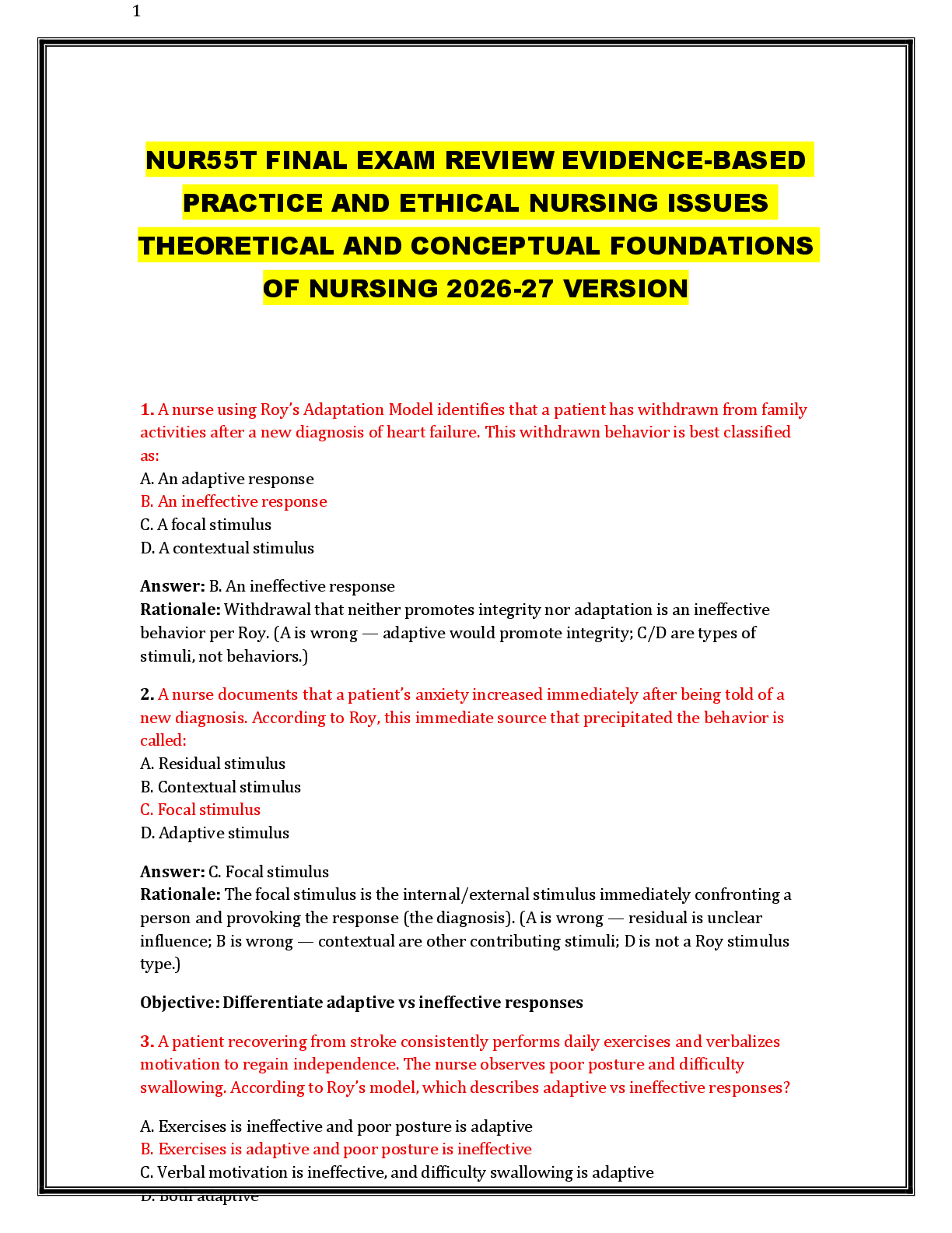 Preview of NUR55T FINAL EXAM REVIEW EVIDENCE-BASED  PRACTICE AND ETHICAL NURSING ISSUES  THEORETICAL AND CONCEPTUAL FOUNDATIONS  OF NURSING 2026-27 VERSION