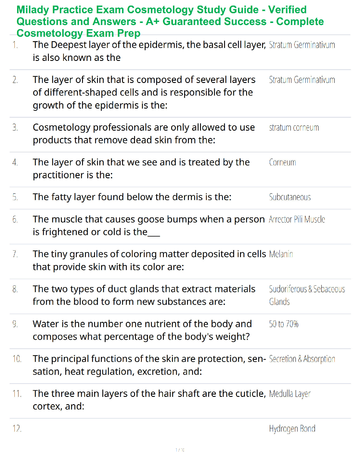 Preview of Milady Practice Exam Cosmetology Study Guide - Verified Questions and Answers - A+ Guarant
