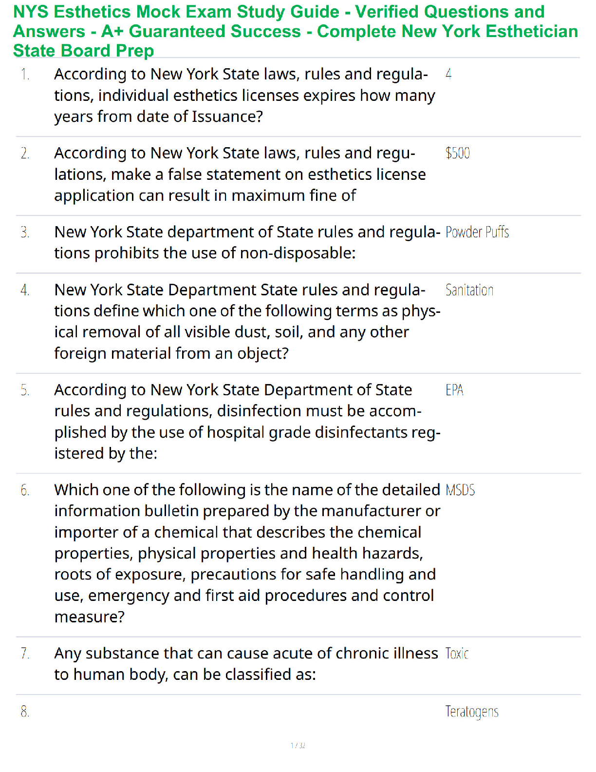 Recommended document preview for NYS Esthetics Mock Exam Study Guide - Verified Questions and Answers - A+ Guaranteed Success - Complete New York Esthetician State Board Prep