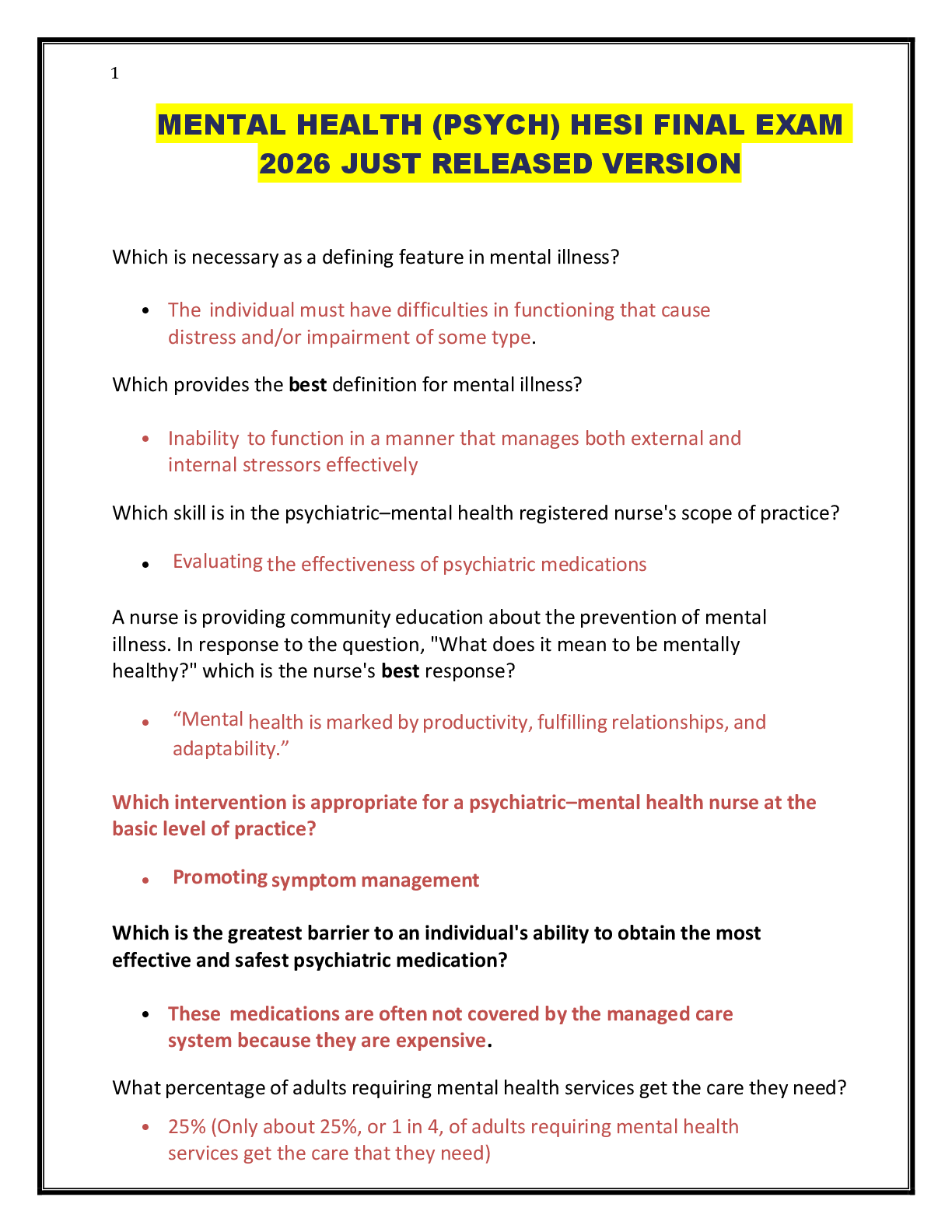 Recommended document preview for MENTAL HEALTH (PSYCH) HESI FINAL EXAM  2026 JUST RELEASED VERSION