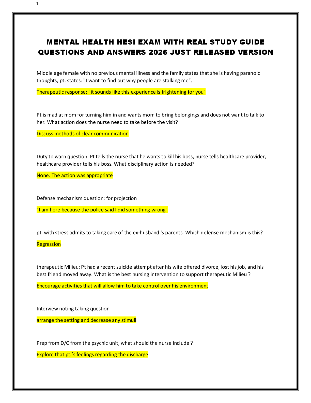 Recommended document preview for MENTAL HEALTH HESI EXAM WITH REAL STUDY GUIDE  QUESTIONS AND ANSWERS 2026 JUST RELEASED VERSION