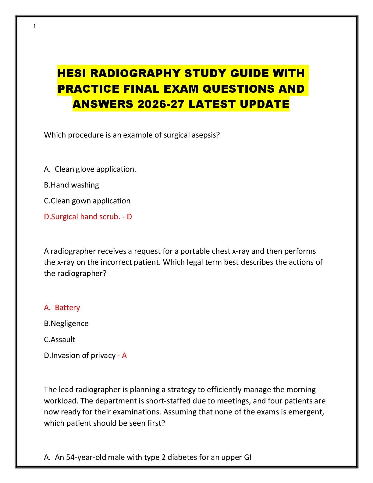 Preview of HESI RADIOGRAPHY STUDY GUIDE WITH  PRACTICE FINAL EXAM QUESTIONS AND  ANSWERS 2026-27 LATEST UPDATE