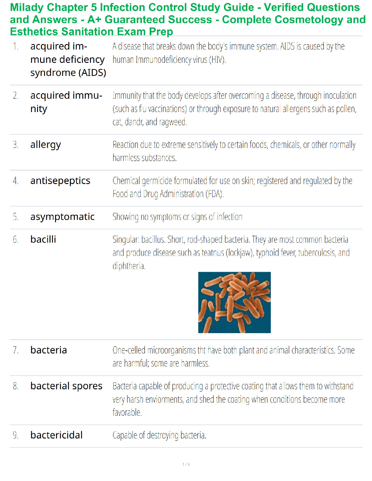 Recommended document preview for Milady Esthetics Chapter 5 Infection Control Study Guide - Verified Questions and Answers - A+ Guaranteed Success - Complete Esthetics Sanitation Exam Prep