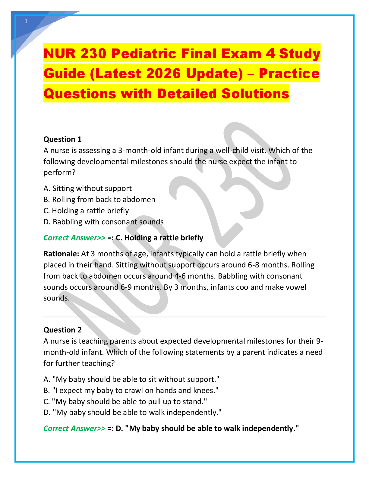 Recommended document preview for NUR 230 Pediatric Final Exam 4 Study Guide (Latest 2026 Update) – Practice Questions with Detailed Solutions