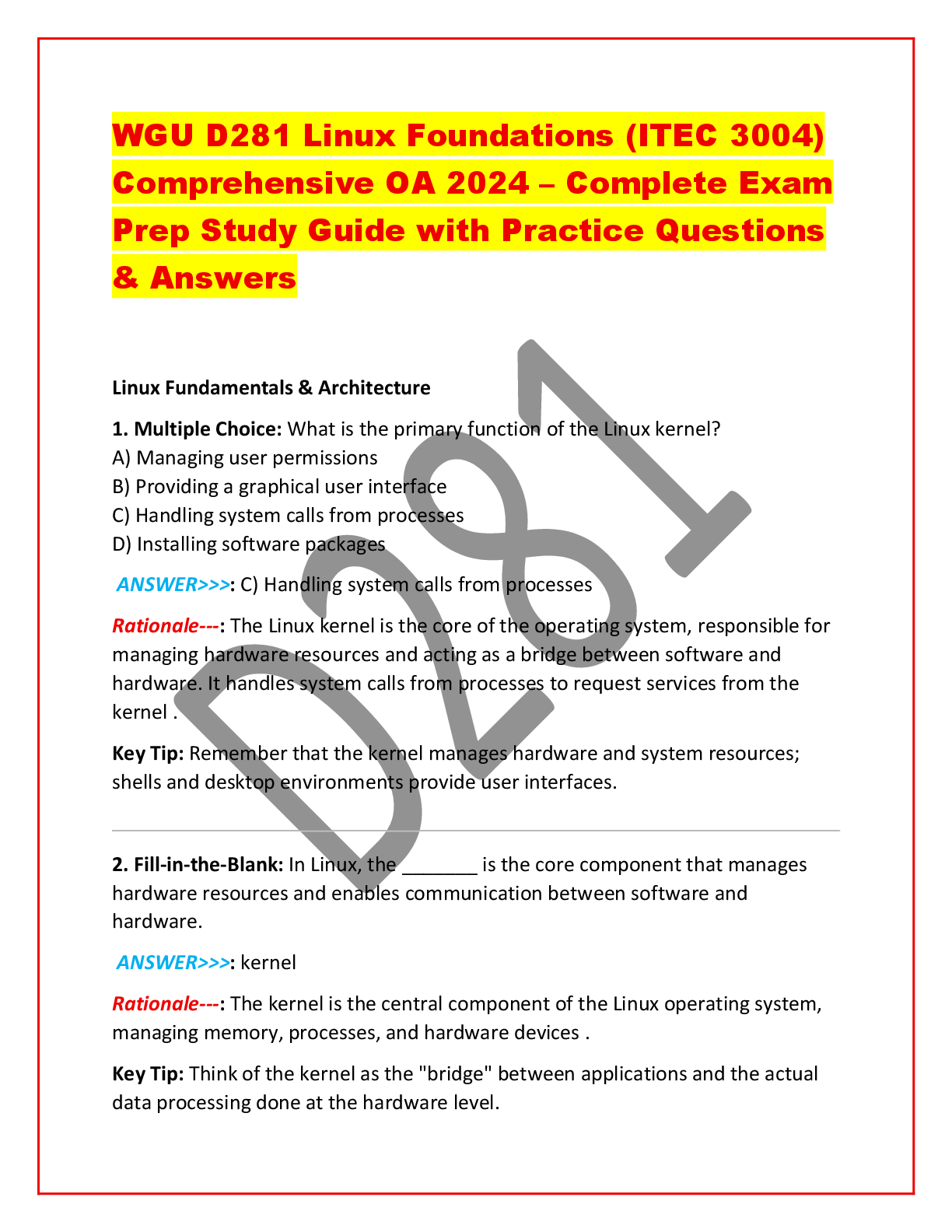 Recommended document preview for WGU D281 Linux Foundations (ITEC 3004) Comprehensive OA 2024 – Complete Exam Prep Study Guide with Practice Questions & Answers