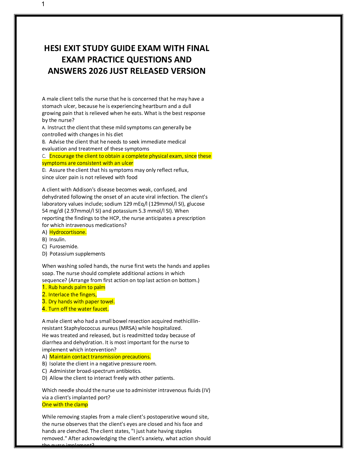 Recommended document preview for HESI EXIT STUDY GUIDE EXAM WITH FINAL  EXAM PRACTICE QUESTIONS AND  ANSWERS 2026 JUST RELEASED VERSION
