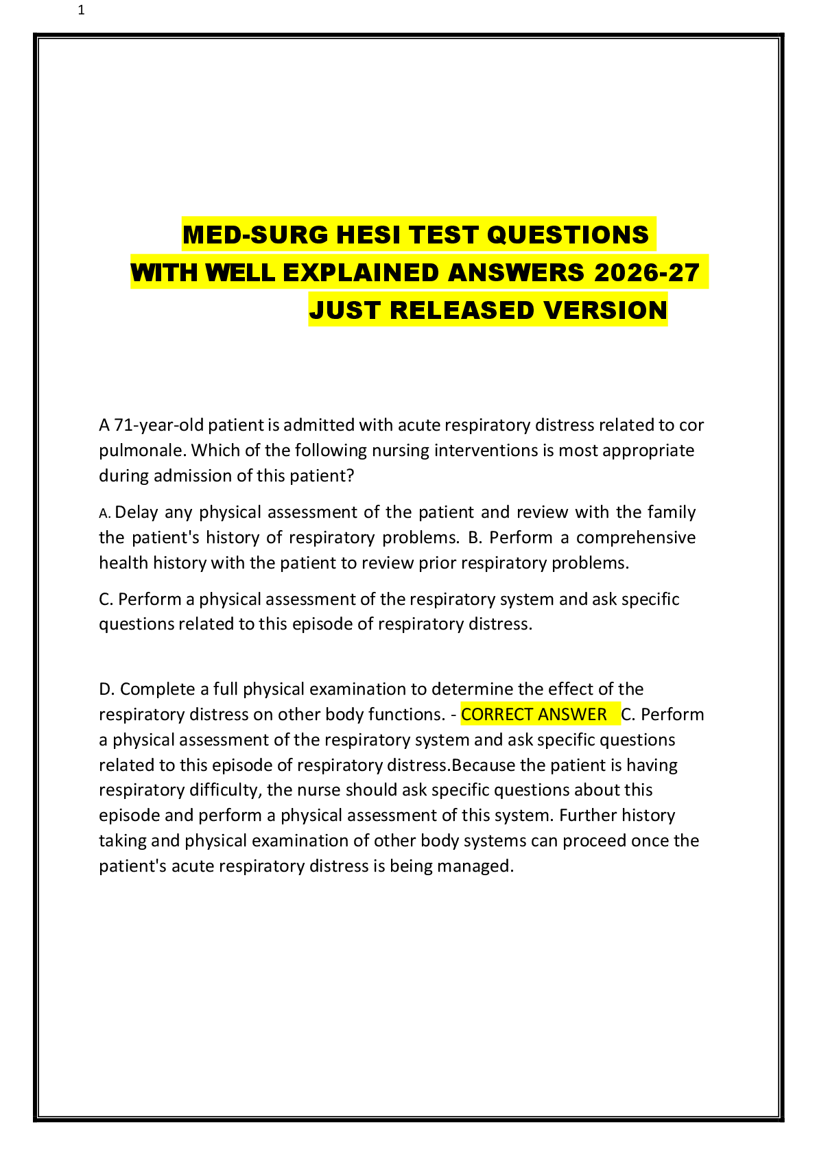 Recommended document preview for MED-SURG HESI TEST QUESTIONS   WITH WELL EXPLAINED ANSWERS 2026-27  JUST RELEASED VERSION