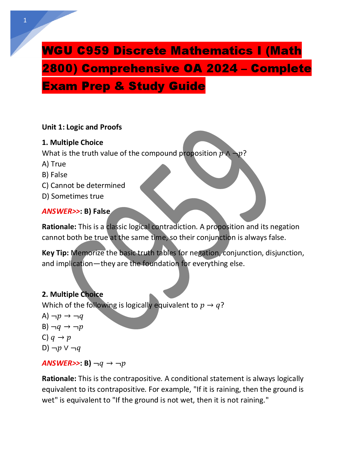 Recommended document preview for WGU C959 Discrete Mathematics I (Math 2800) Comprehensive OA 2024 – Complete Exam Prep & Study Guide