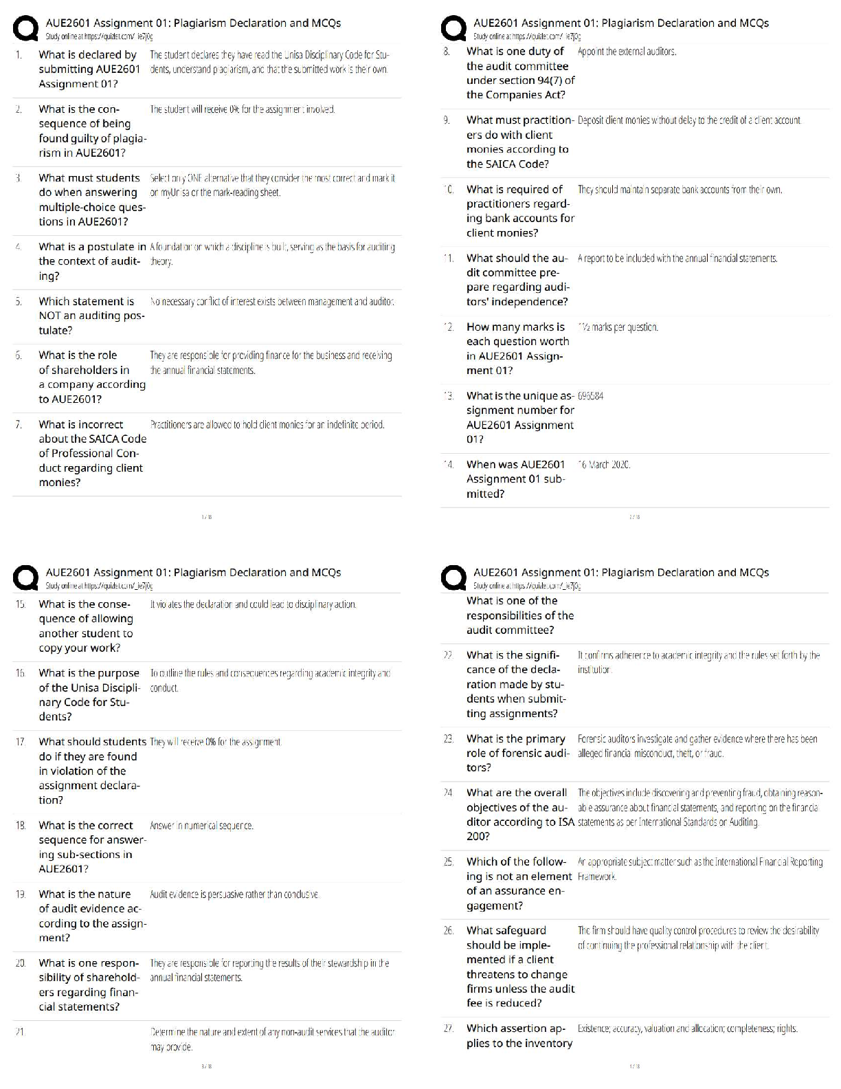 AUE2601 / Assignment 01 / Plagiarism Declaration and MCQs   / New Version / 2025–2026 Updated