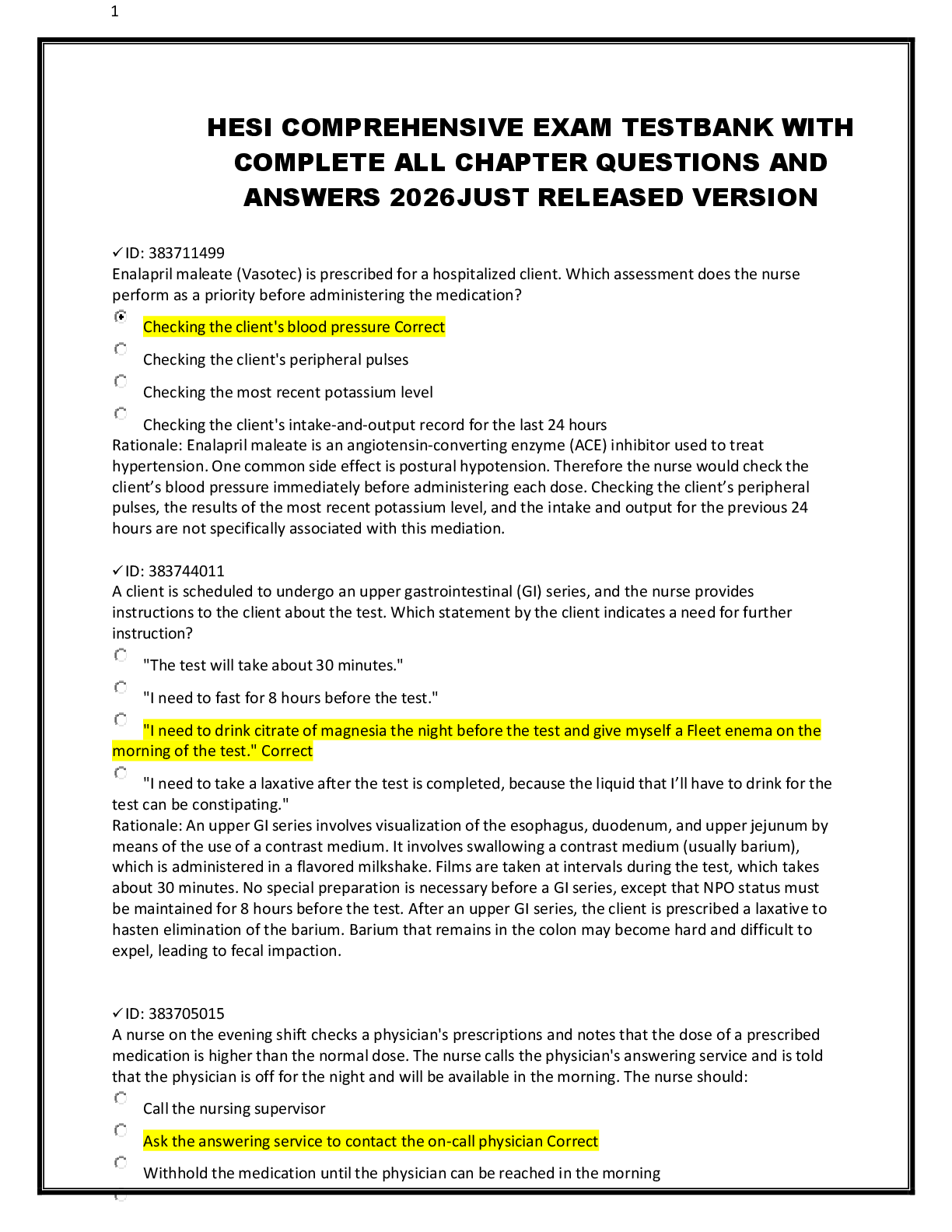 Recommended document preview for HESI COMPREHENSIVE EXAM TESTBANK WITH   COMPLETE ALL CHAPTER QUESTIONS AND   ANSWERS 2026JUST RELEASED VERSION