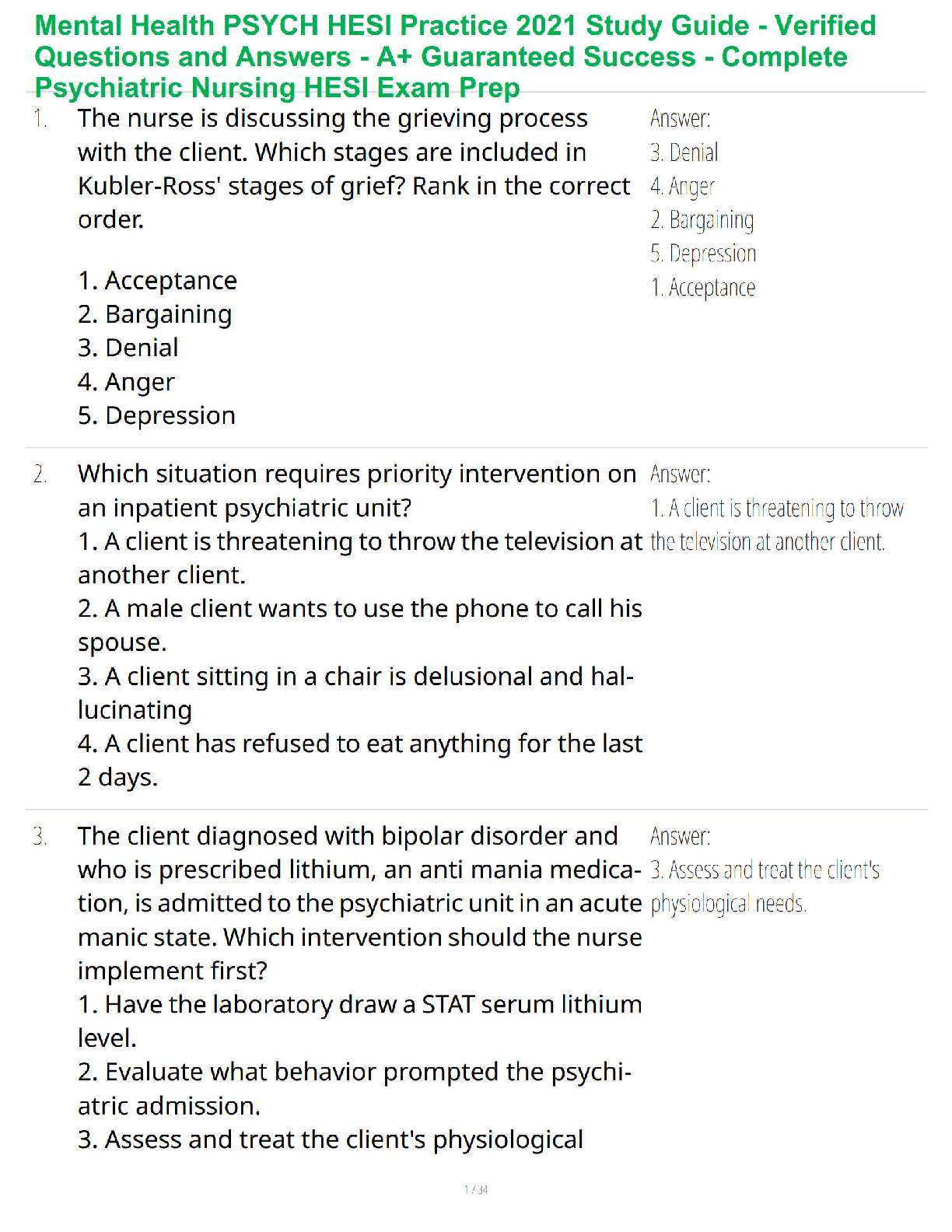 Preview of Mental Health PSYCH HESI Practice 2021 Study Guide - Verified Questions and Answers - A+ G