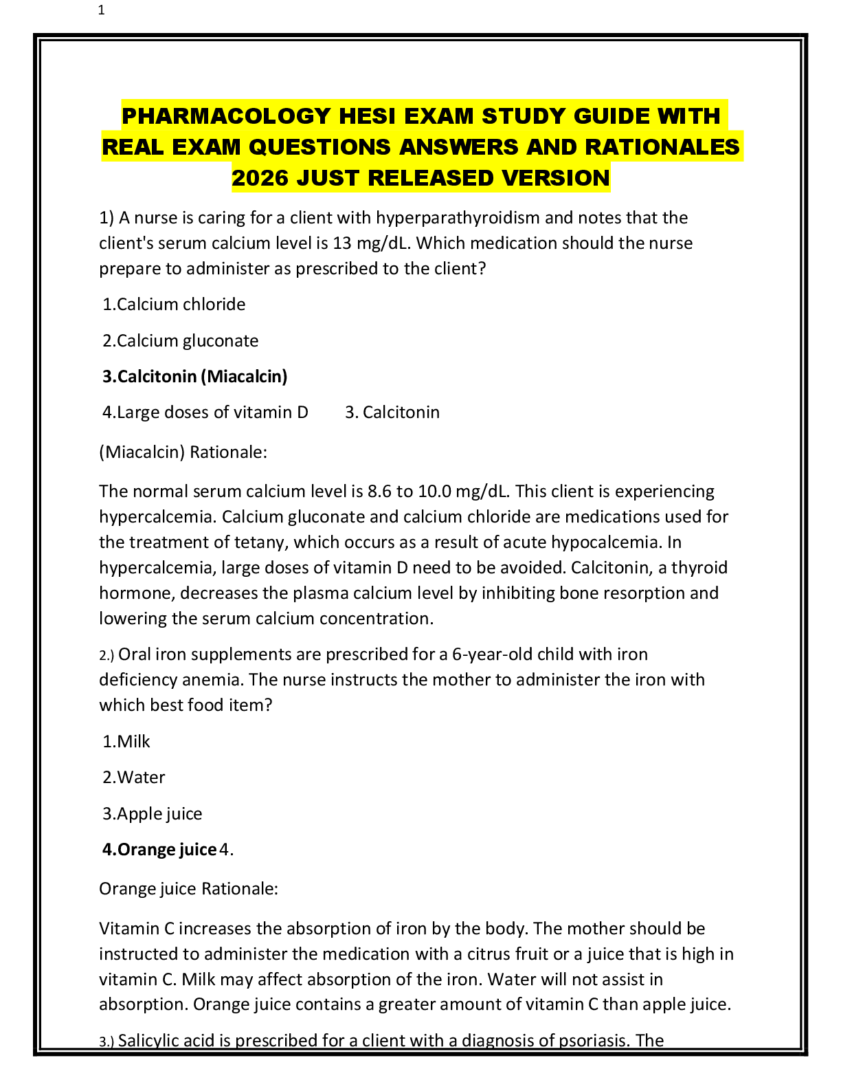 Recommended document preview for PHARMACOLOGY HESI EXAM STUDY GUIDE WITH  REAL EXAM QUESTIONS ANSWERS AND RATIONALES  2026 JUST RELEASED VERSION